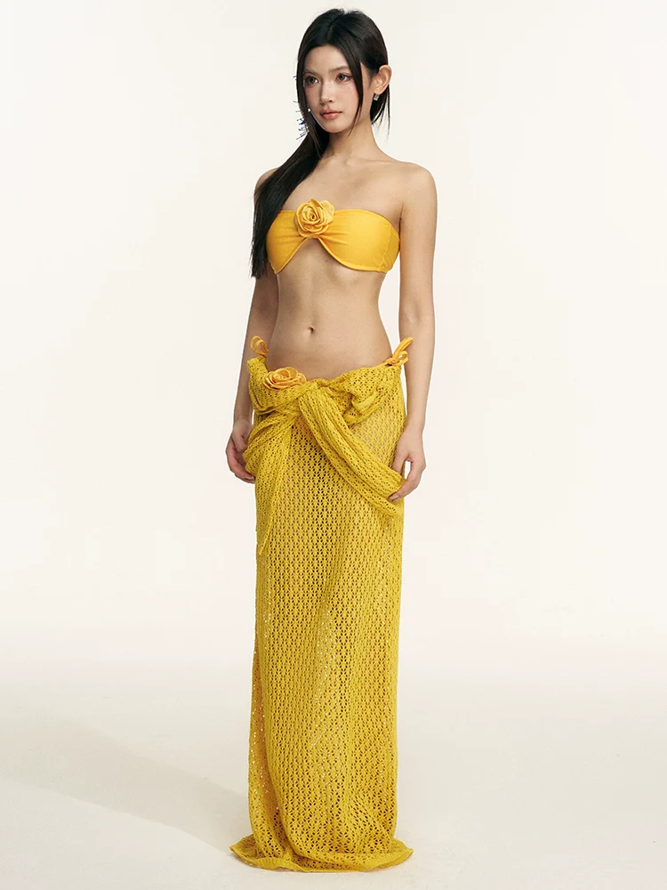 Strapless Bandeau Bikini Set with Floral Detail and Long Sleeve Maxi Beach Cover Up - Image 8