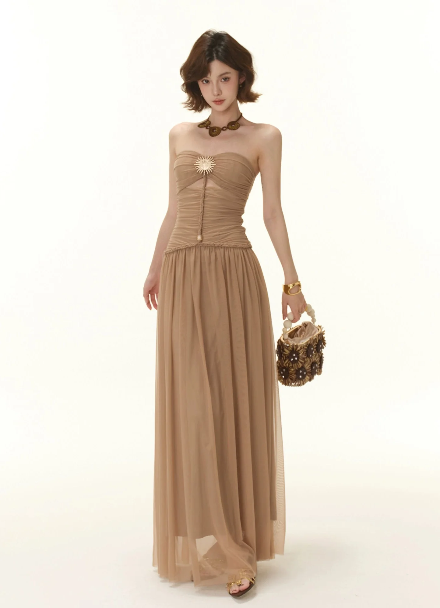 Strapless Ruched Maxi Dress with Sheer Overlay and Brooch