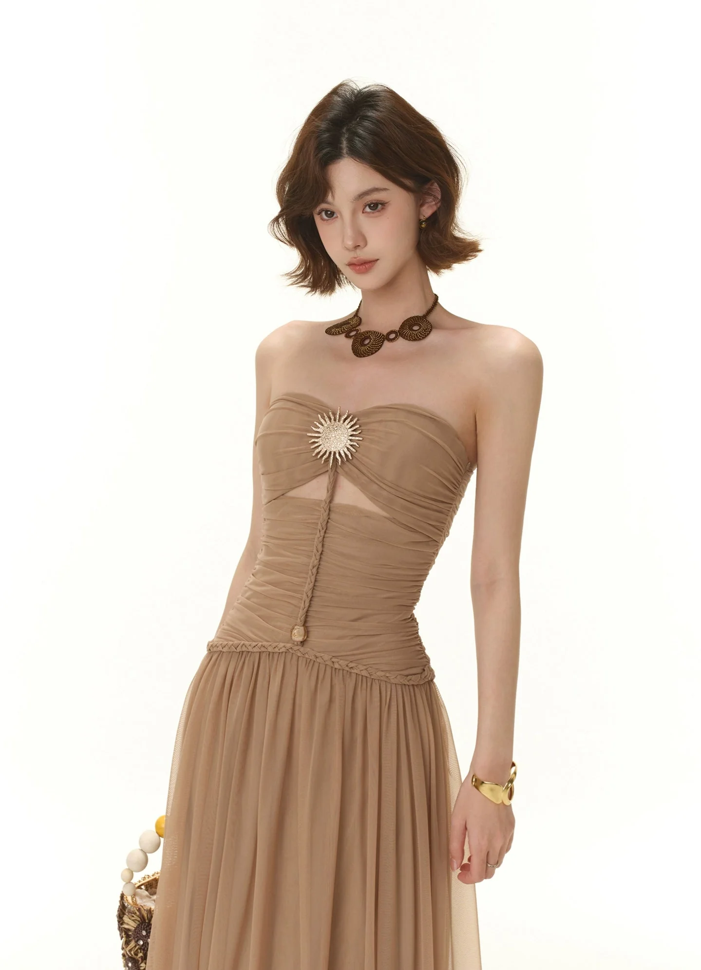 Strapless Ruched Maxi Dress with Sheer Overlay and Brooch - Image 2