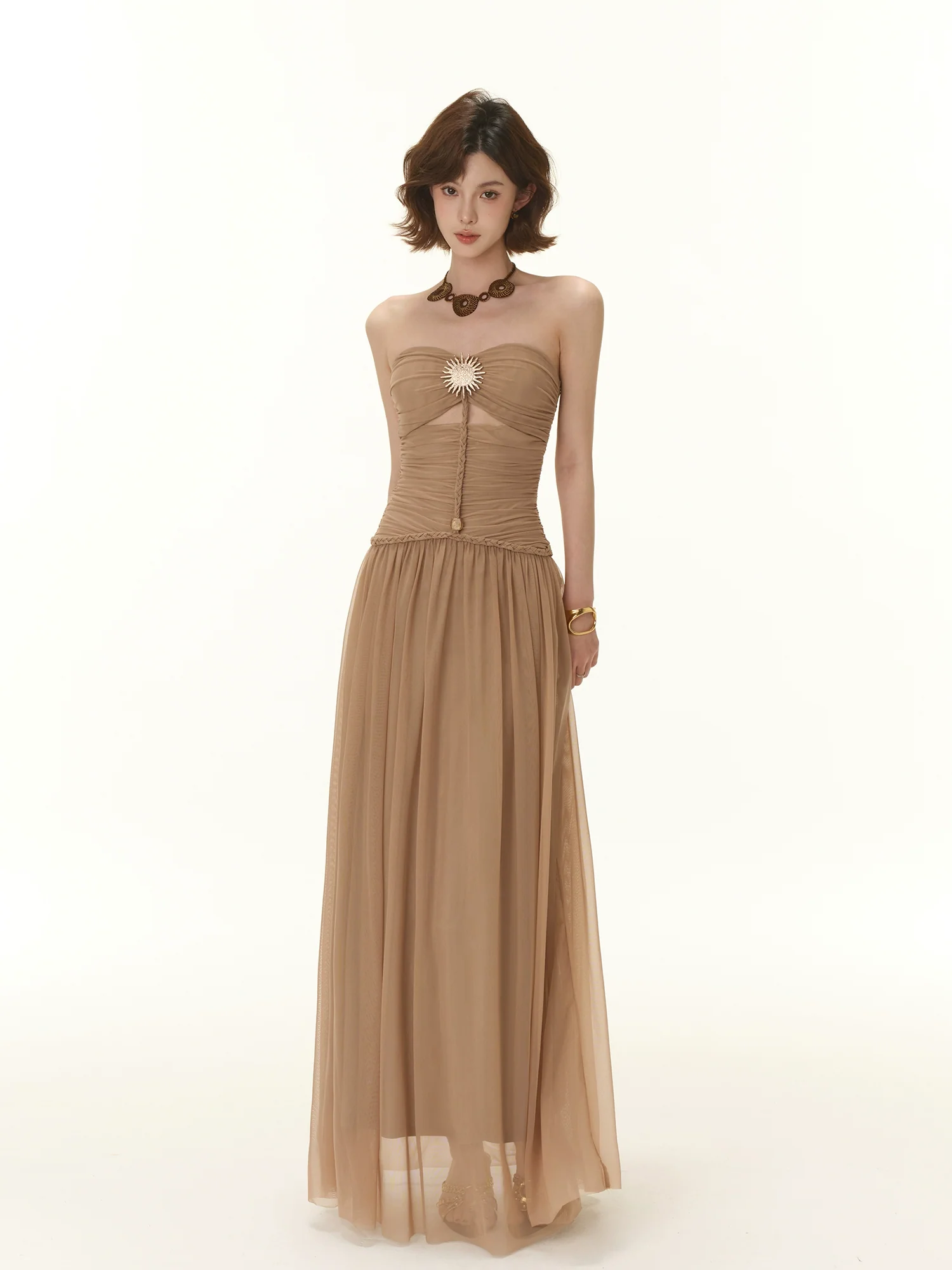 Strapless Ruched Maxi Dress with Sheer Overlay and Brooch - Image 3