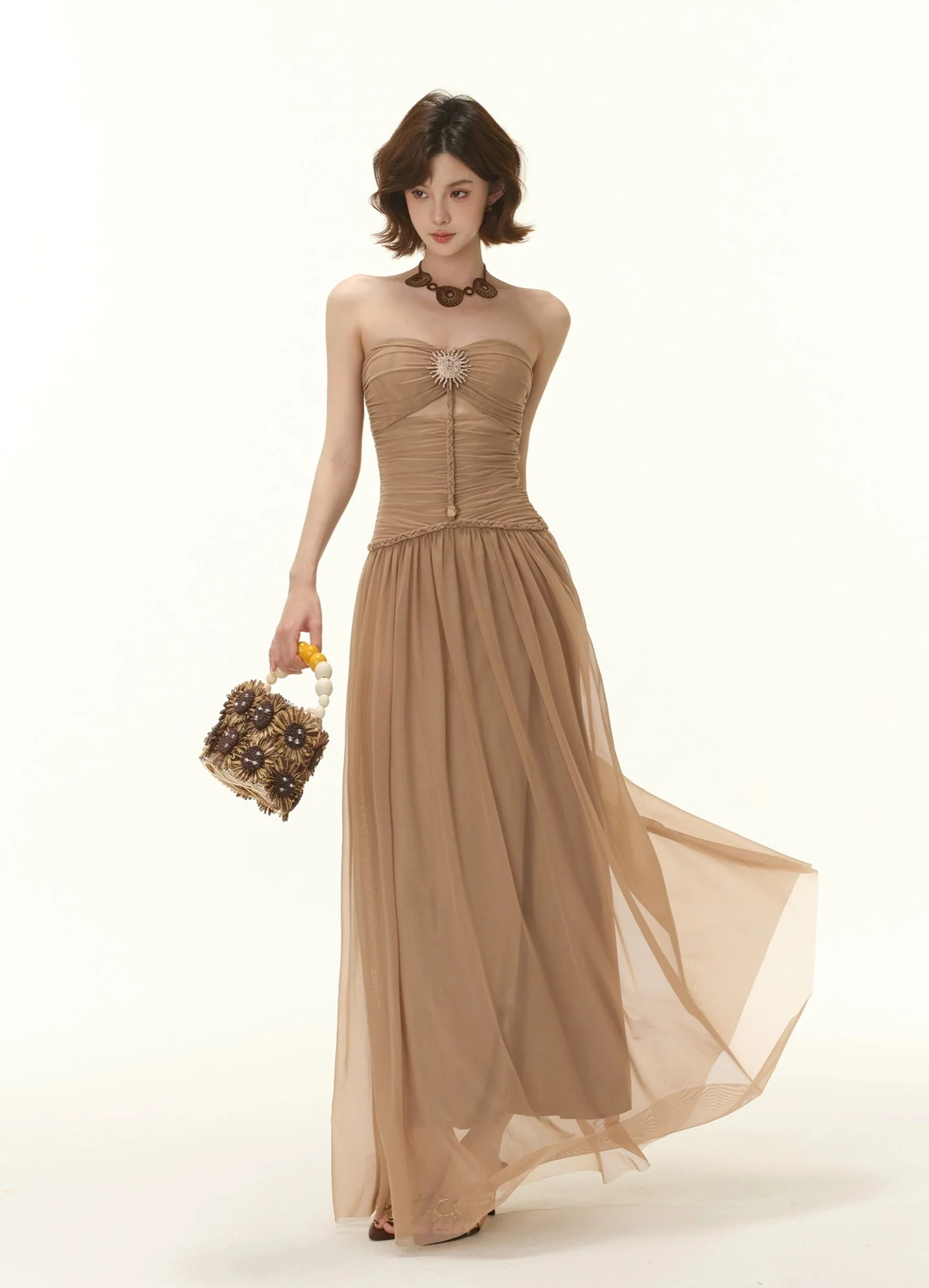 Strapless Ruched Maxi Dress with Sheer Overlay and Brooch - Image 4