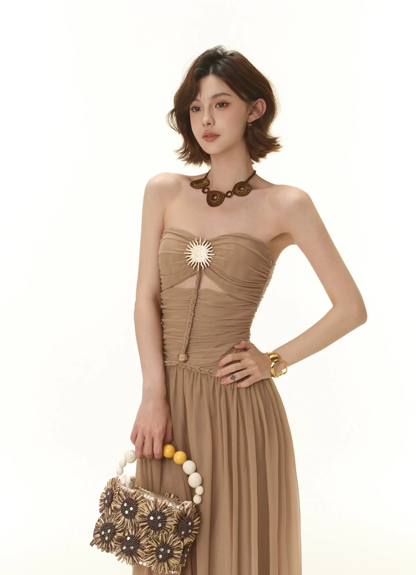Strapless Ruched Maxi Dress with Sheer Overlay and Brooch - Image 5