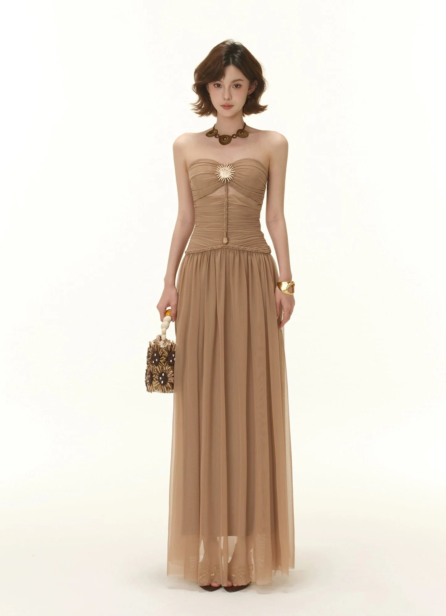 Strapless Ruched Maxi Dress with Sheer Overlay and Brooch - Image 6