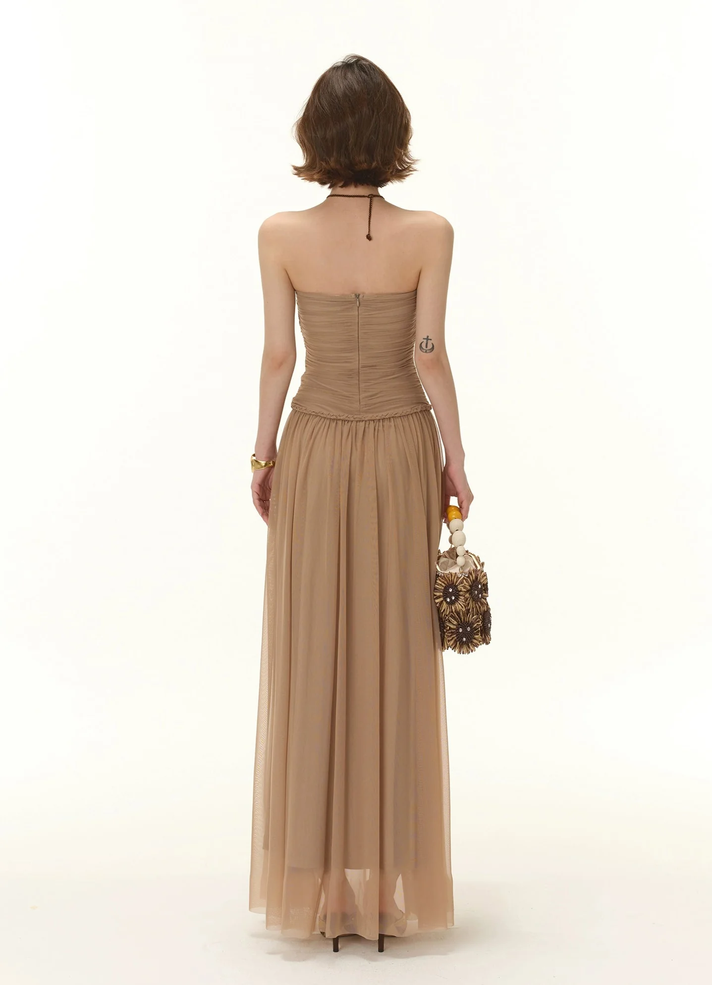 Strapless Ruched Maxi Dress with Sheer Overlay and Brooch - Image 7