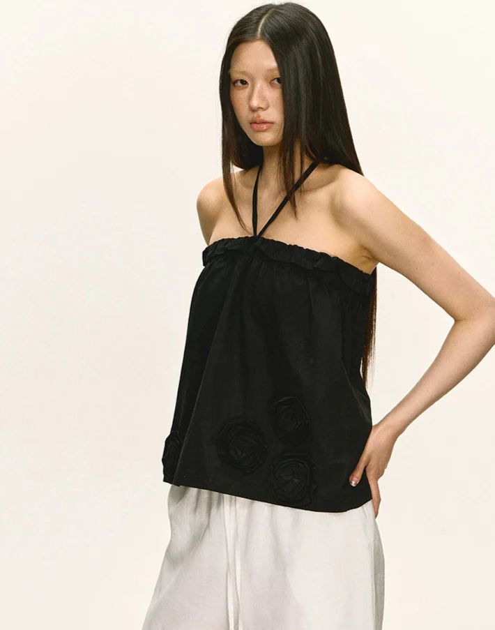 Strapless Ruched Top with Textured Rosette Details - Image 3