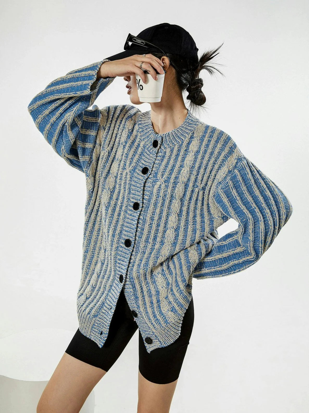 Stripe Cable Knit Pattern Button Cardigan - Image 10