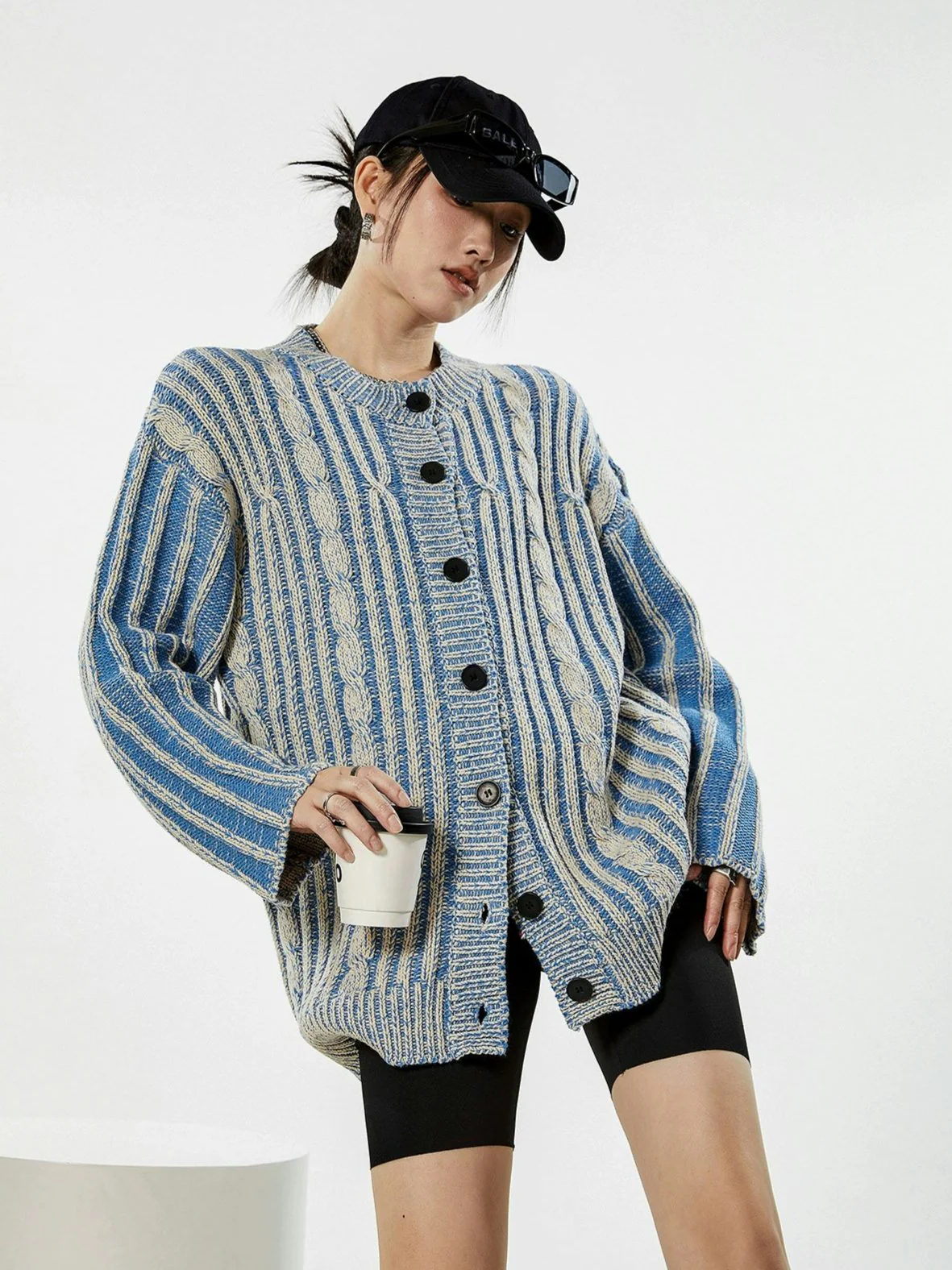 Stripe Cable Knit Pattern Button Cardigan - Image 11