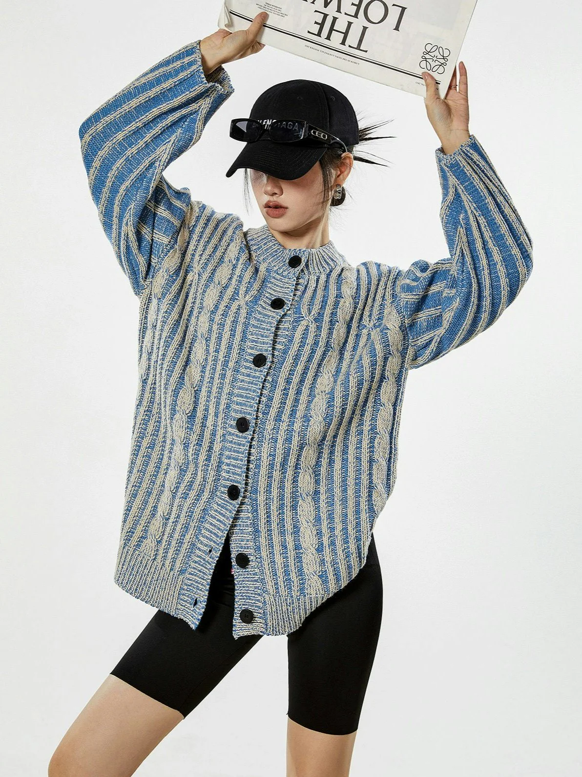 Stripe Cable Knit Pattern Button Cardigan - Image 12