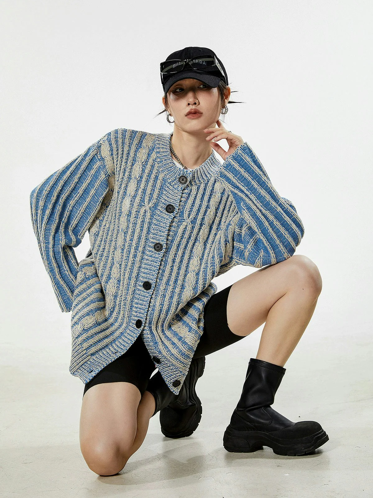 Stripe Cable Knit Pattern Button Cardigan - Image 13