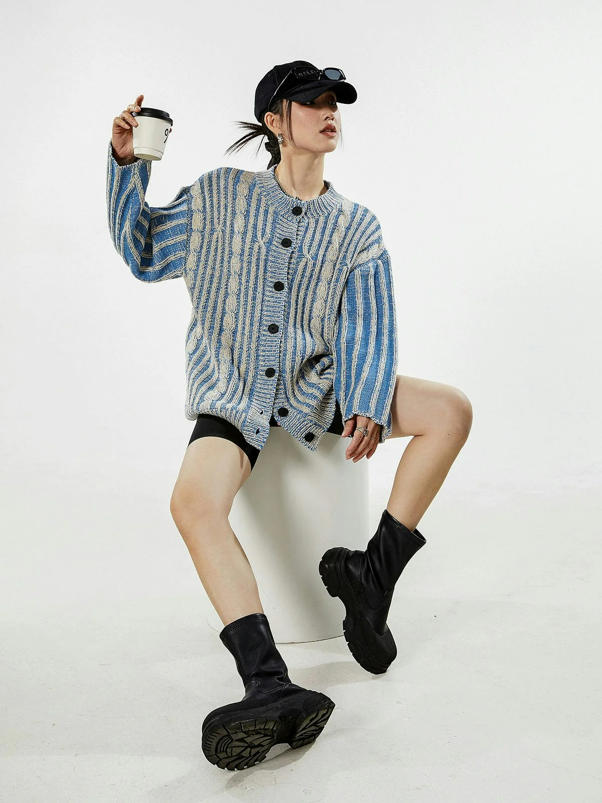 Stripe Cable Knit Pattern Button Cardigan - Image 14