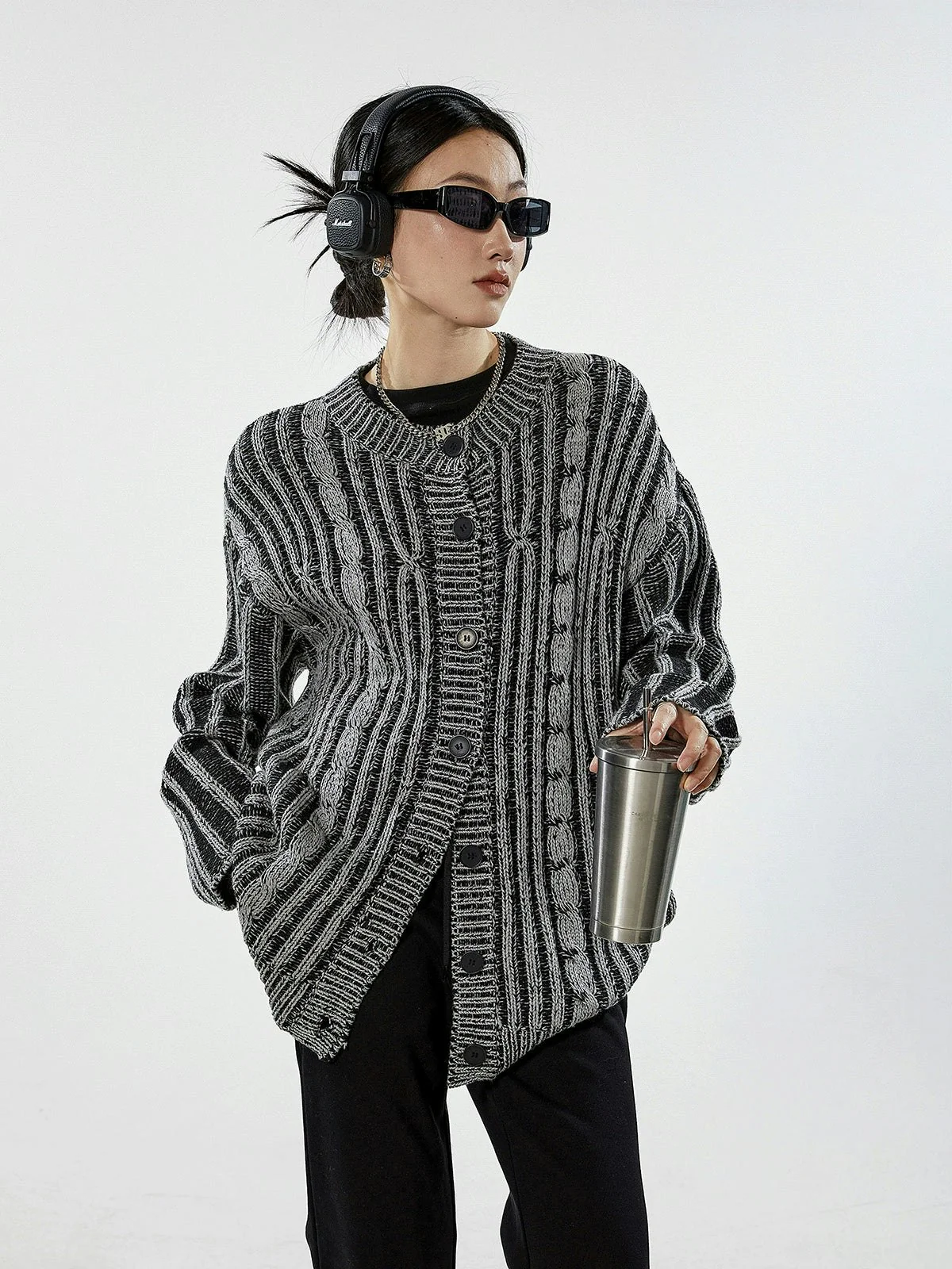 Stripe Cable Knit Pattern Button Cardigan - Image 2