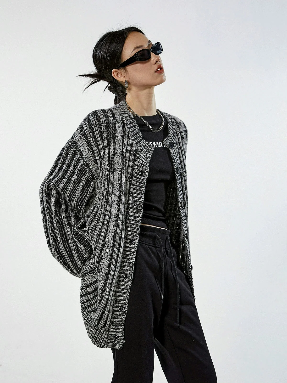 Stripe Cable Knit Pattern Button Cardigan - Image 3