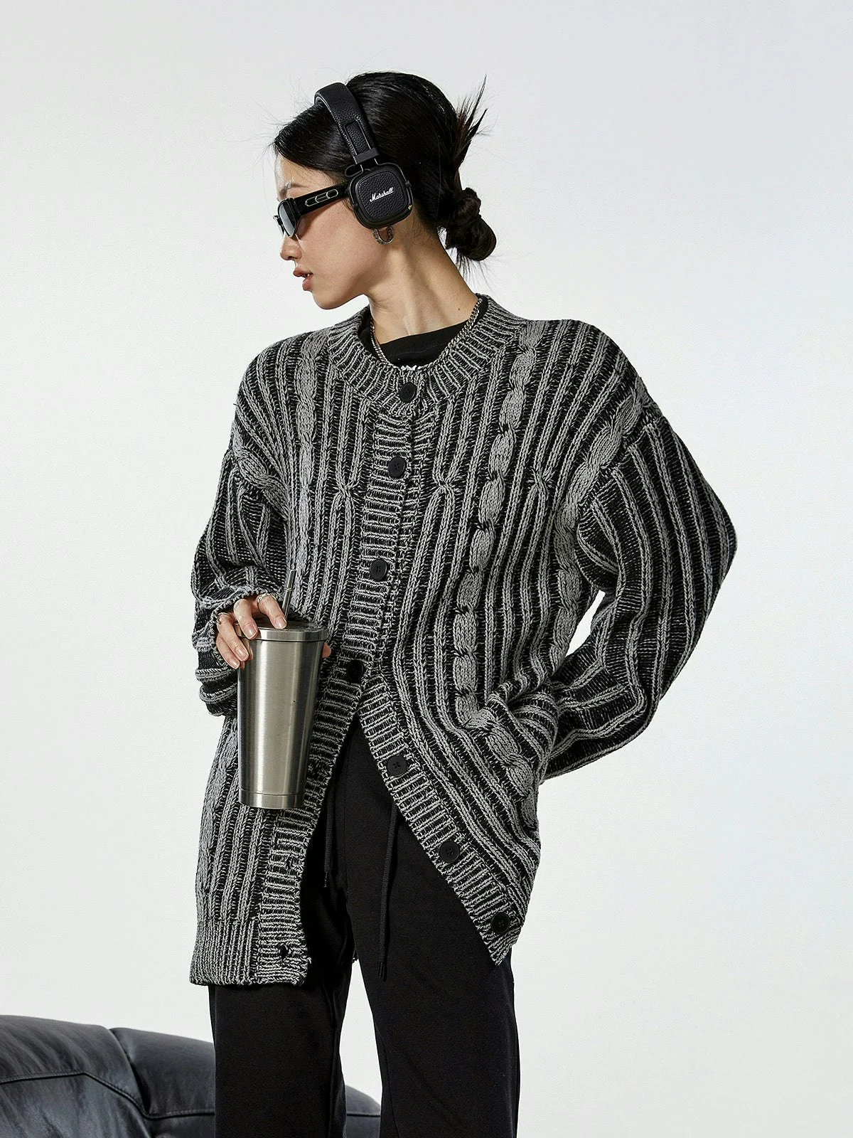 Stripe Cable Knit Pattern Button Cardigan - Image 5