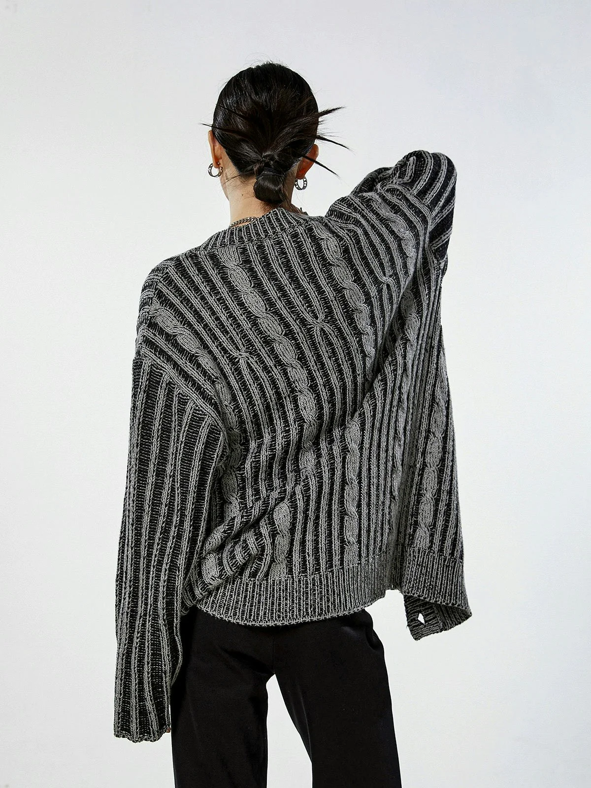 Stripe Cable Knit Pattern Button Cardigan - Image 6