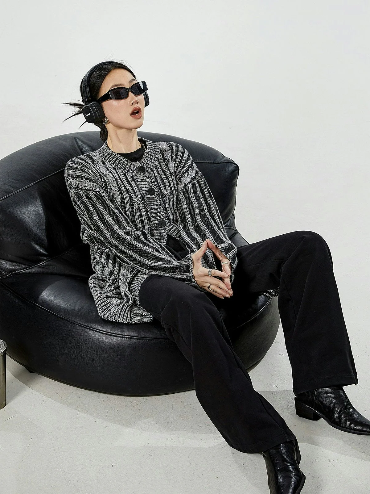 Stripe Cable Knit Pattern Button Cardigan - Image 7
