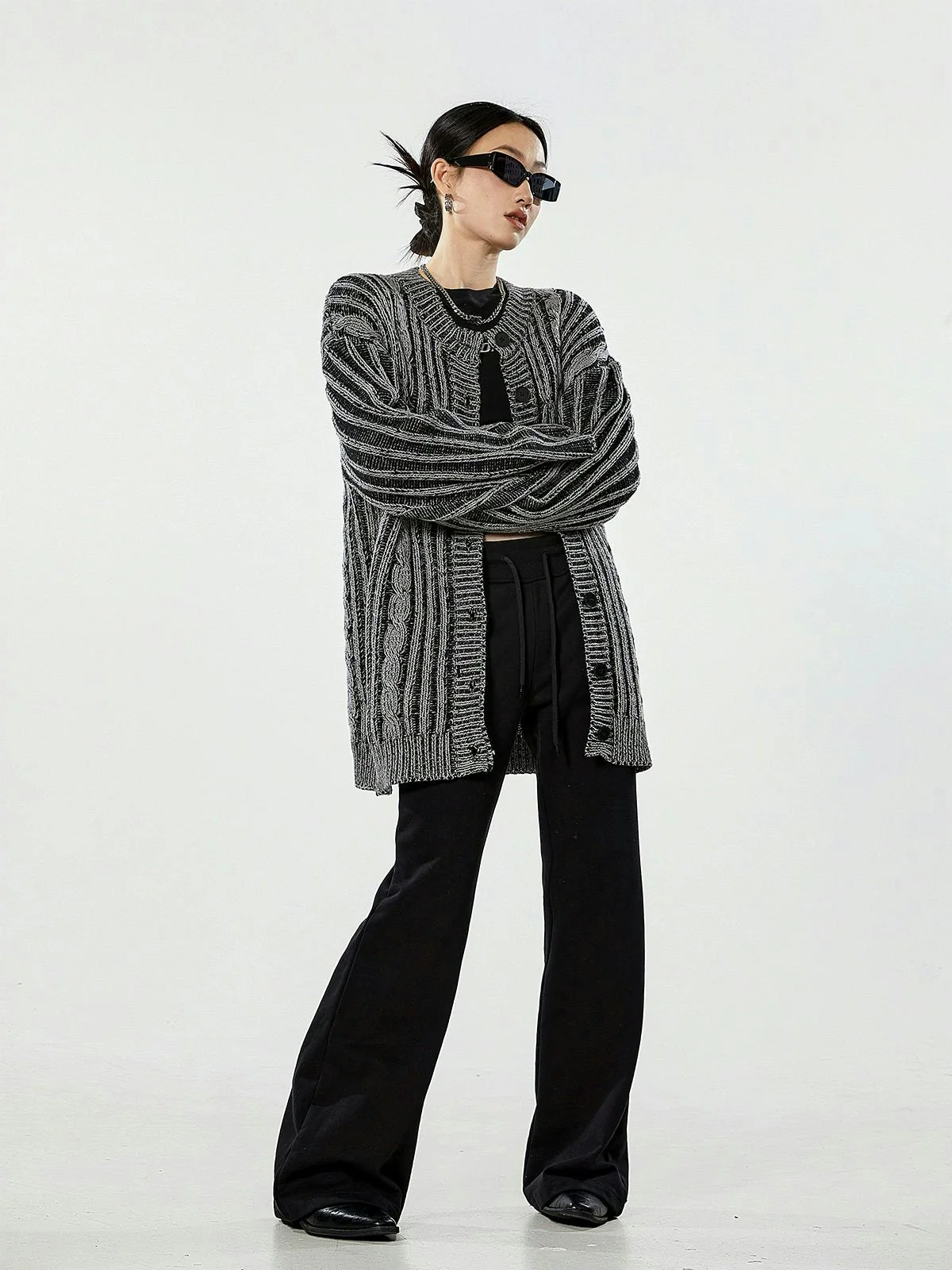 Stripe Cable Knit Pattern Button Cardigan - Image 8