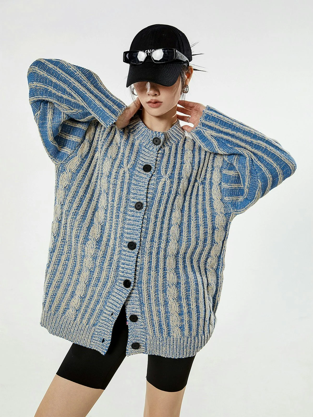 Stripe Cable Knit Pattern Button Cardigan - Image 9