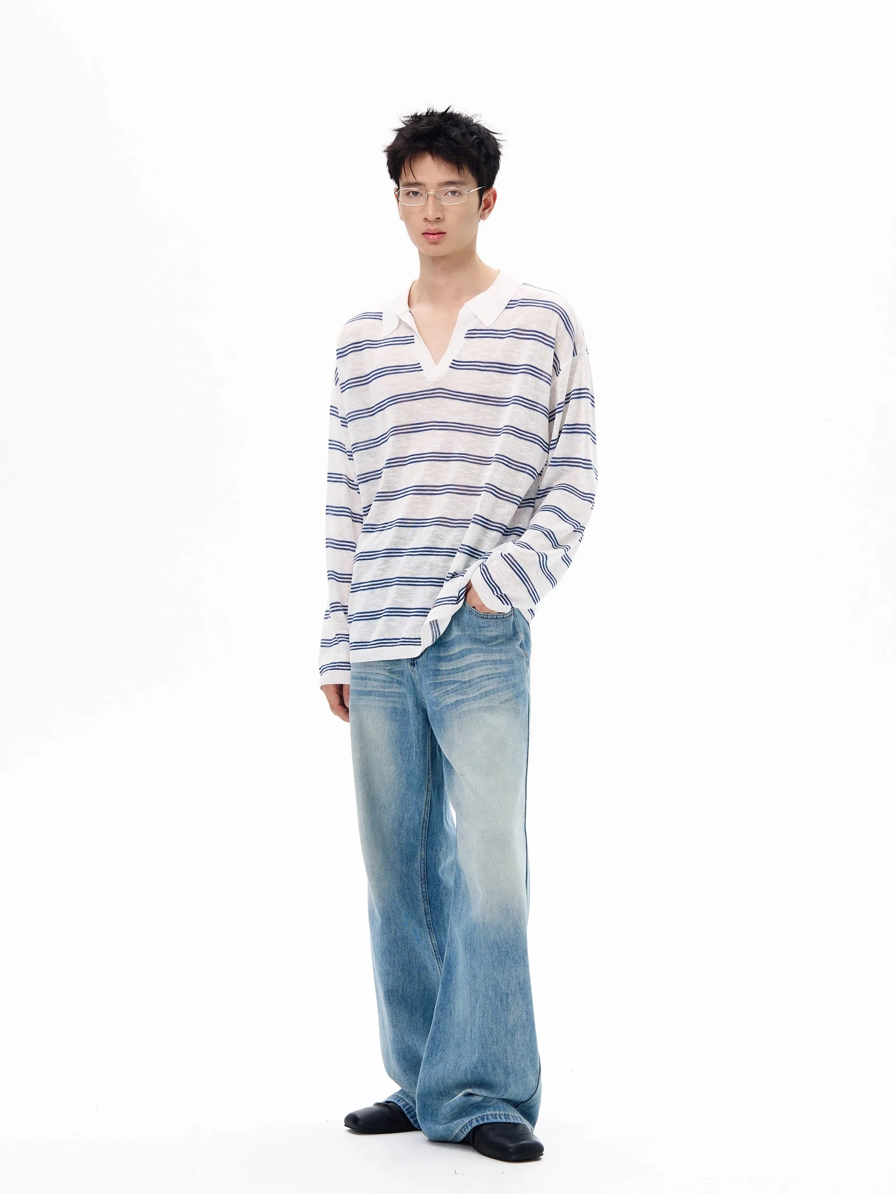 Stripe Drop Shoulder Long Sleeve Polo Shirt - Image 6