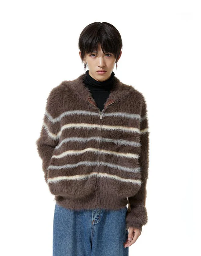 Stripe Fuzzy Zip Hooded Lightweight Jacket - Image 2