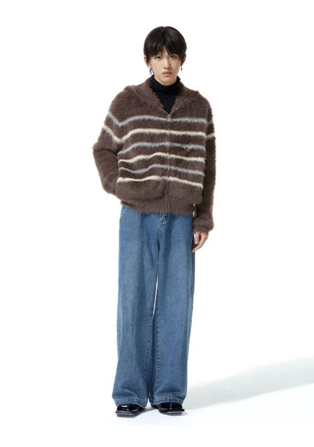 Stripe Fuzzy Zip Hooded Lightweight Jacket - Image 4