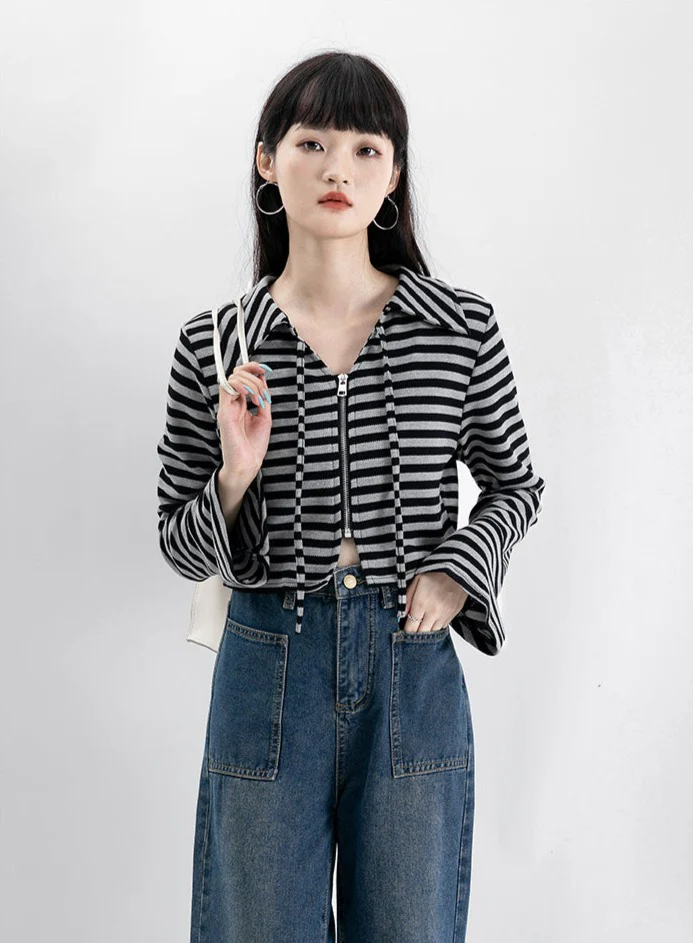 Stripe Long Sleeve Zip Crop Top - Image 3