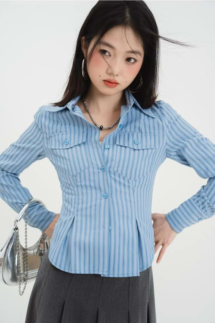 Stripe Pleated Button Shirt - Image 11