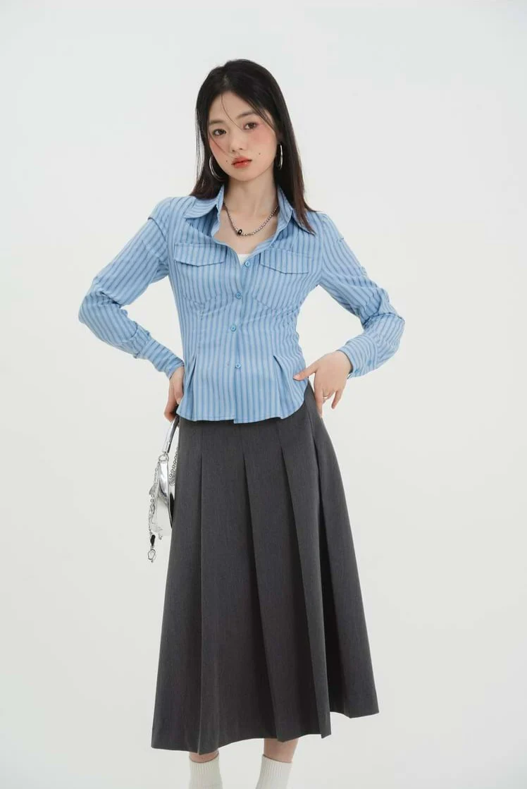 Stripe Pleated Button Shirt - Image 16