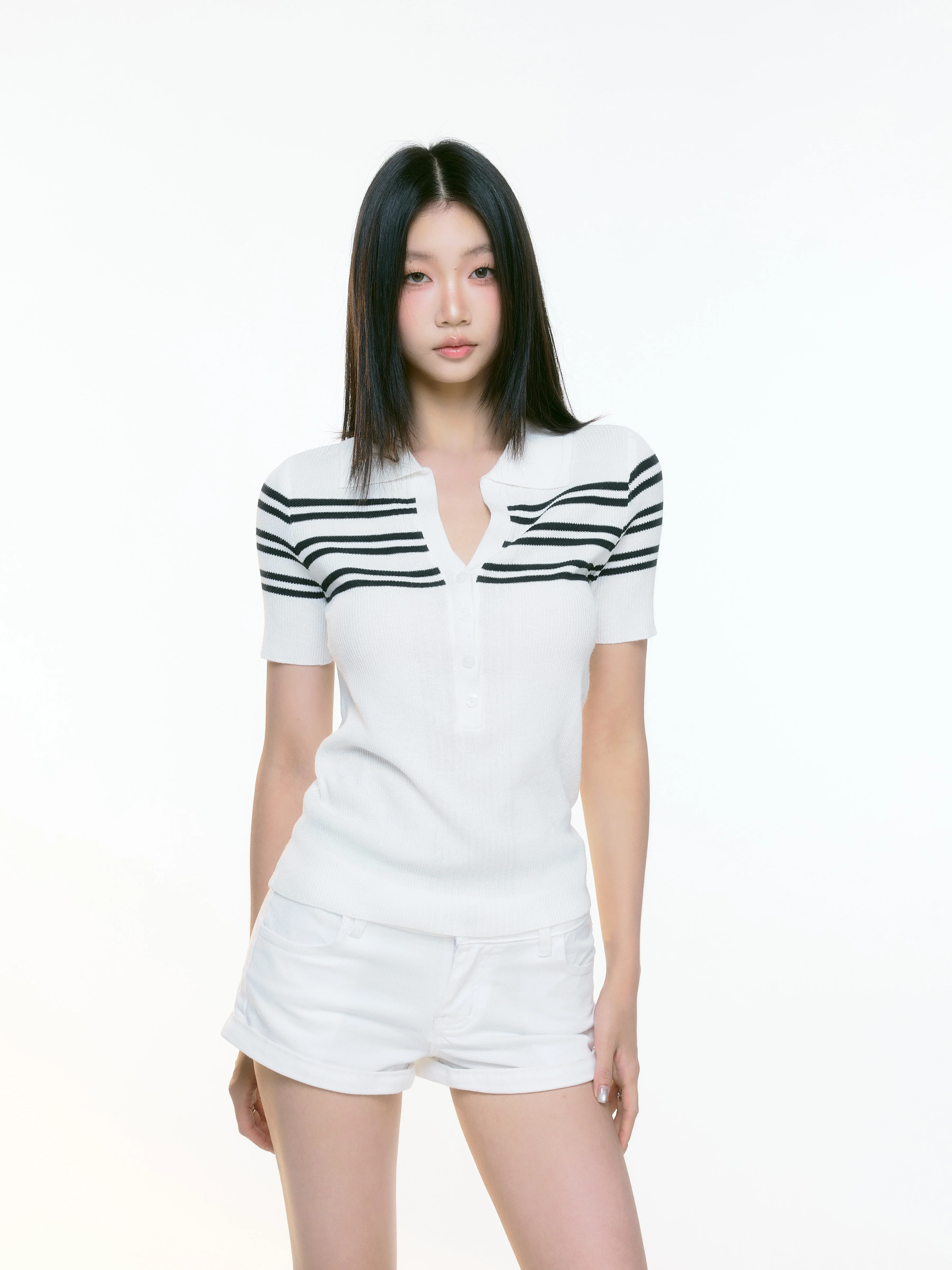 Stripe Ribbed Knit Polo Shirt with Button Detail