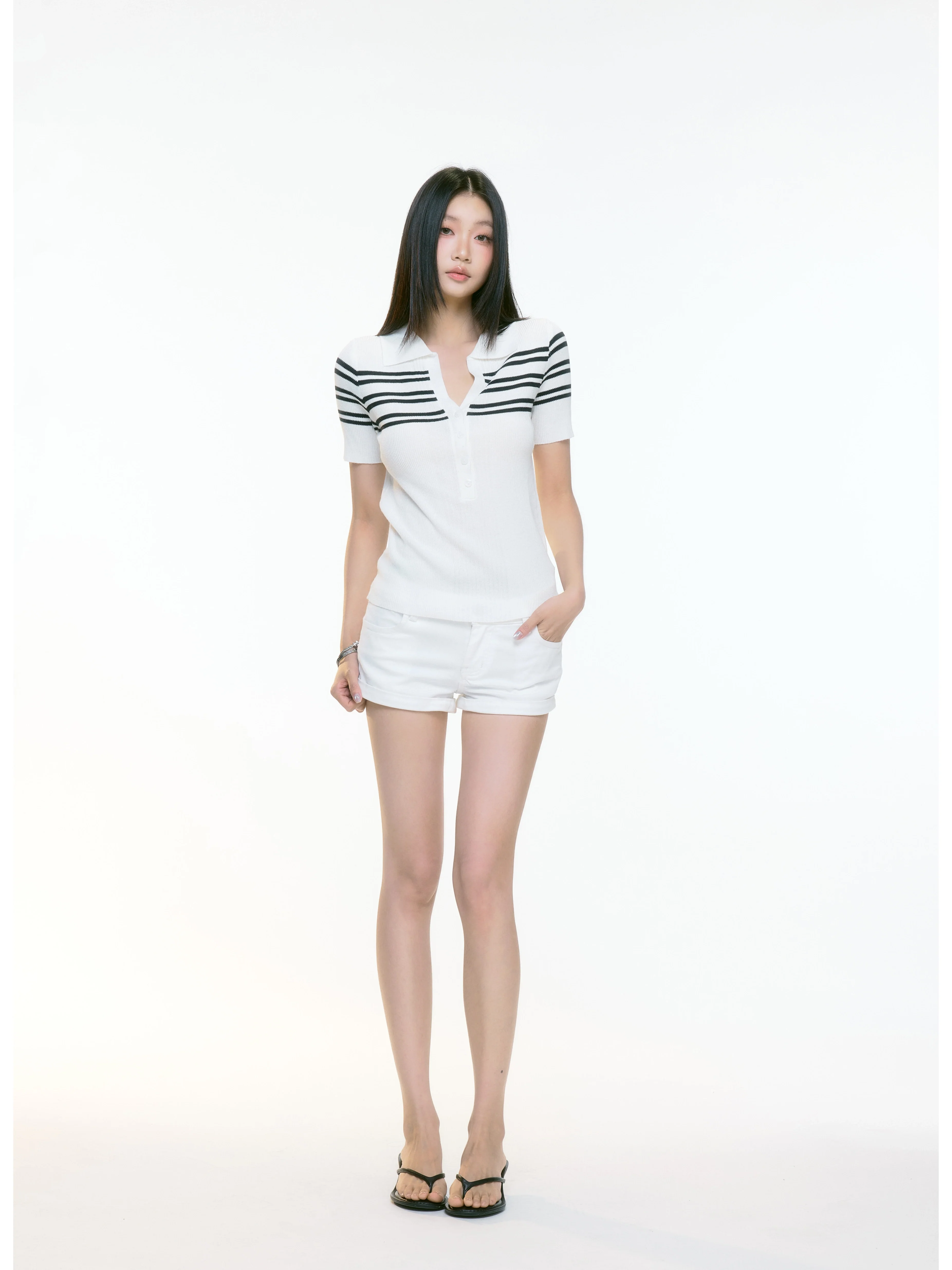 Stripe Ribbed Knit Polo Shirt with Button Detail - Image 10