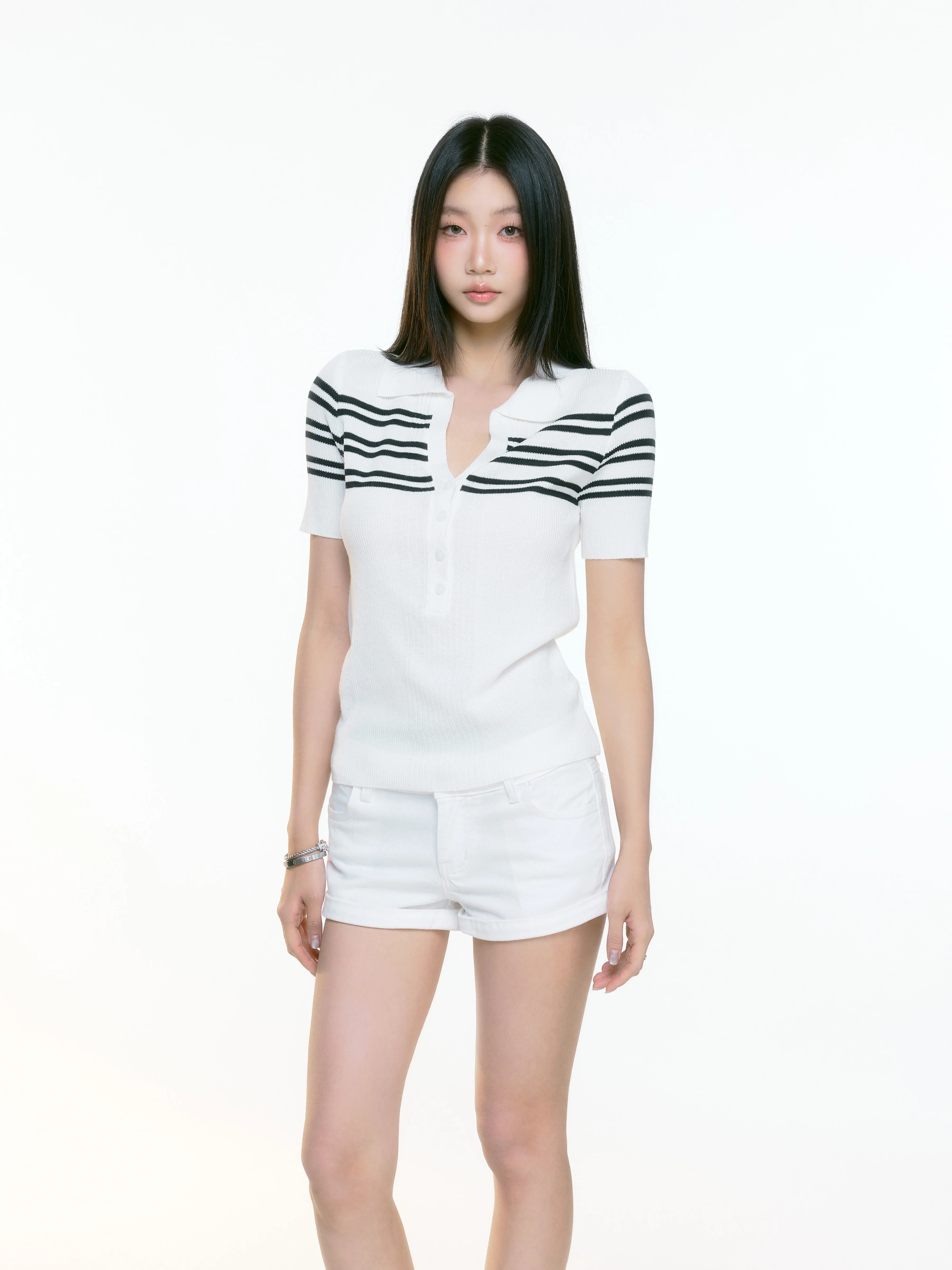 Stripe Ribbed Knit Polo Shirt with Button Detail - Image 6