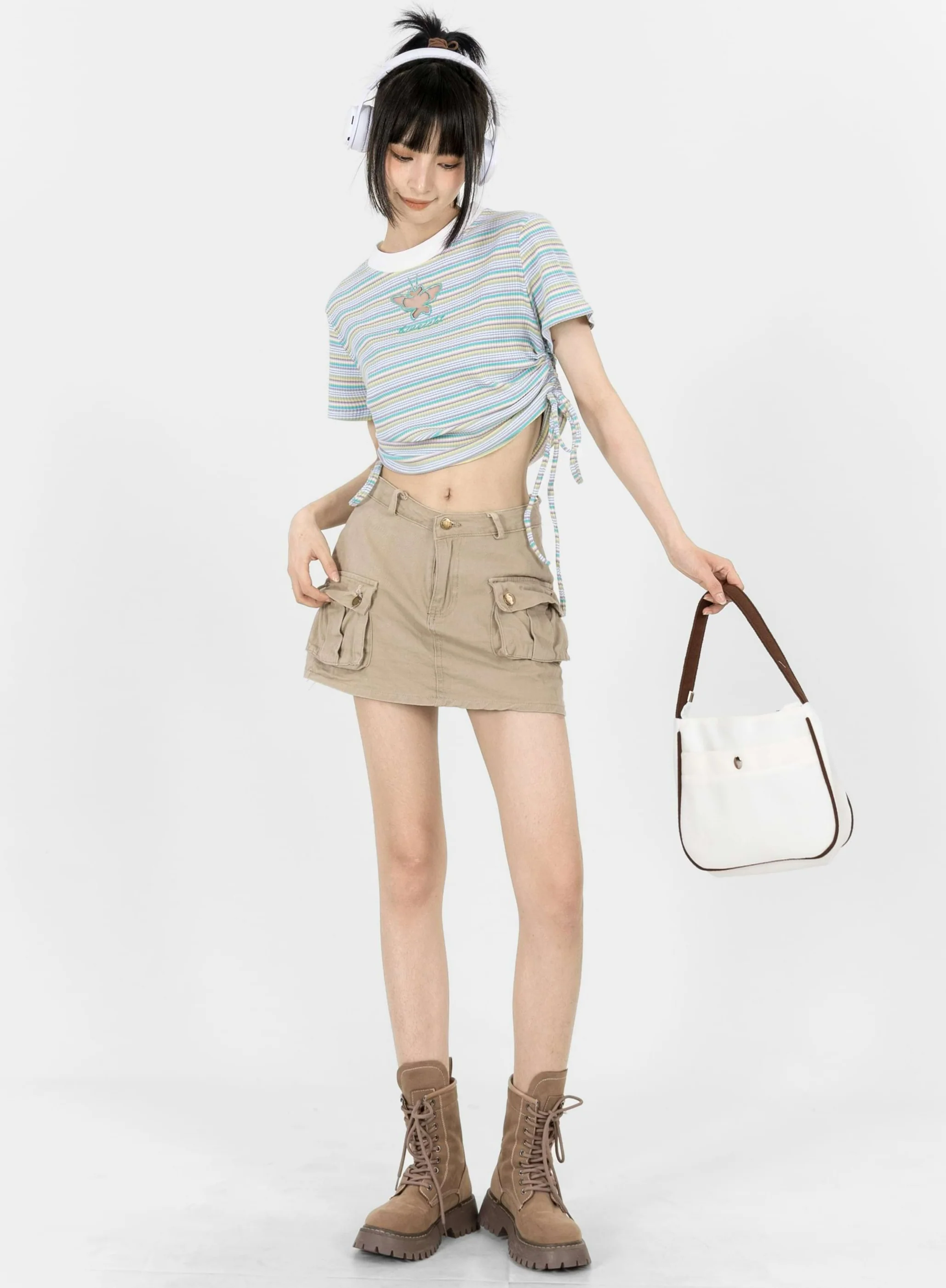 Stripe Ruched Side Crop Top with Butterfly Cutout - Image 13
