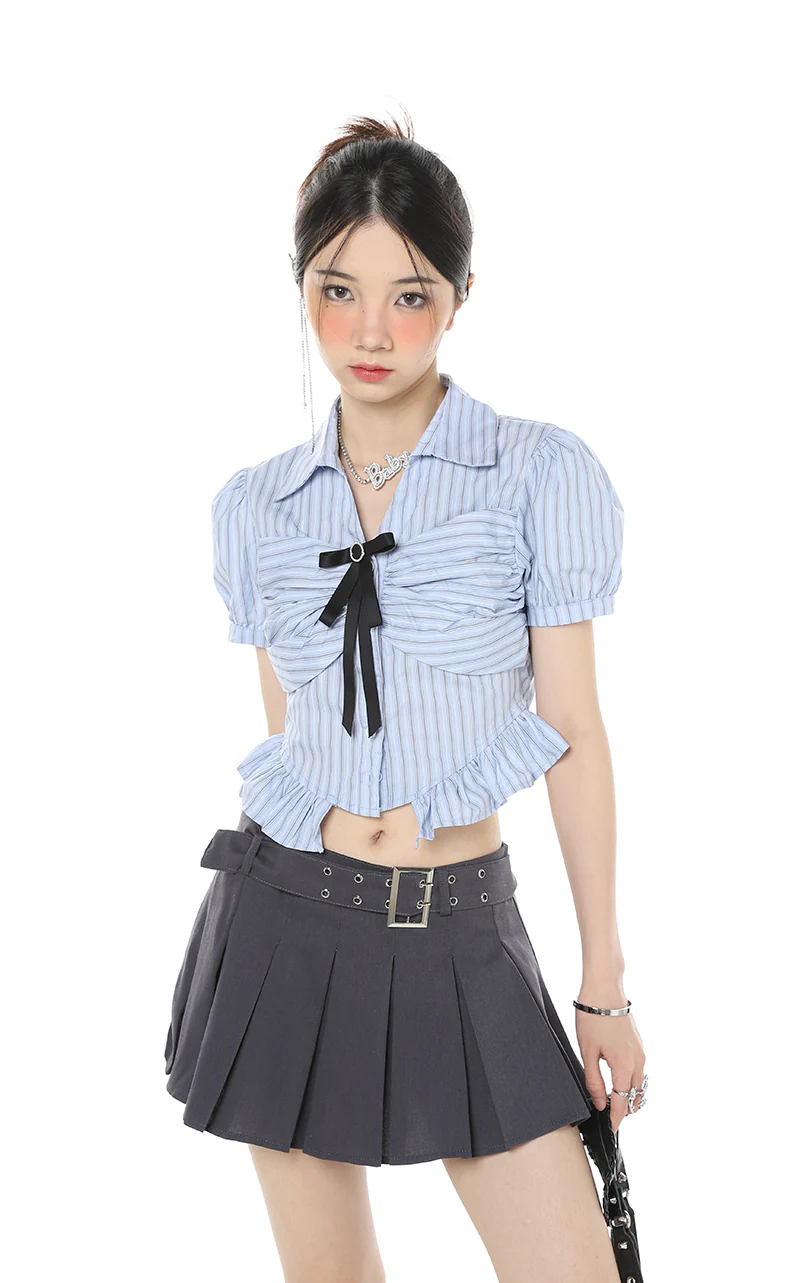 Stripe Ruffle Hem Puff Shoulder Top - Image 4