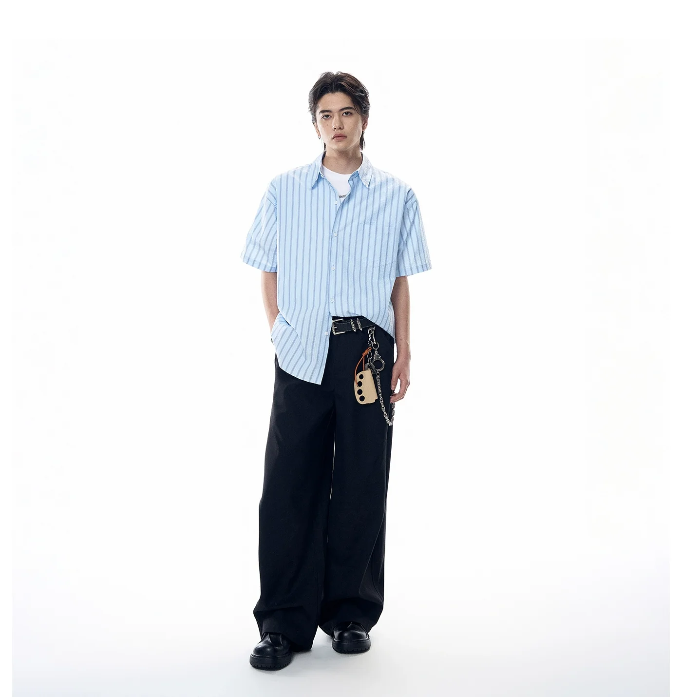 Stripe Textured Short Sleeve Button Shirt with Chest Pocket - Image 10