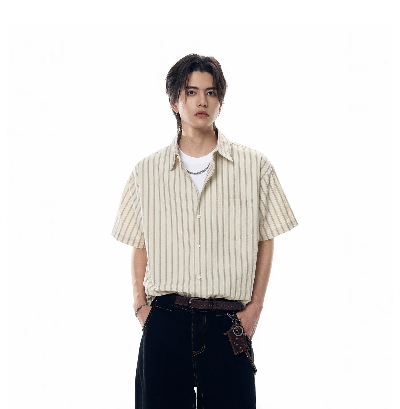 Stripe Textured Short Sleeve Button Shirt with Chest Pocket - Image 2