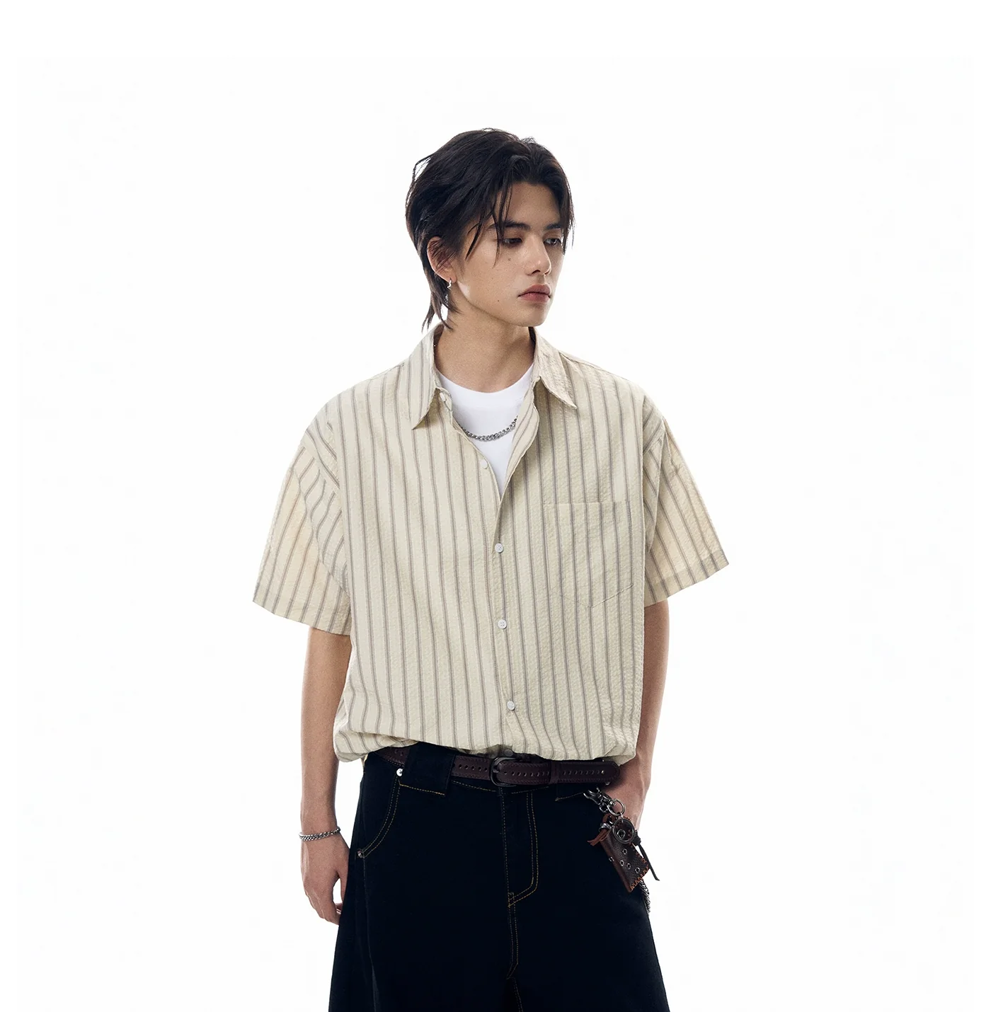 Stripe Textured Short Sleeve Button Shirt with Chest Pocket - Image 3