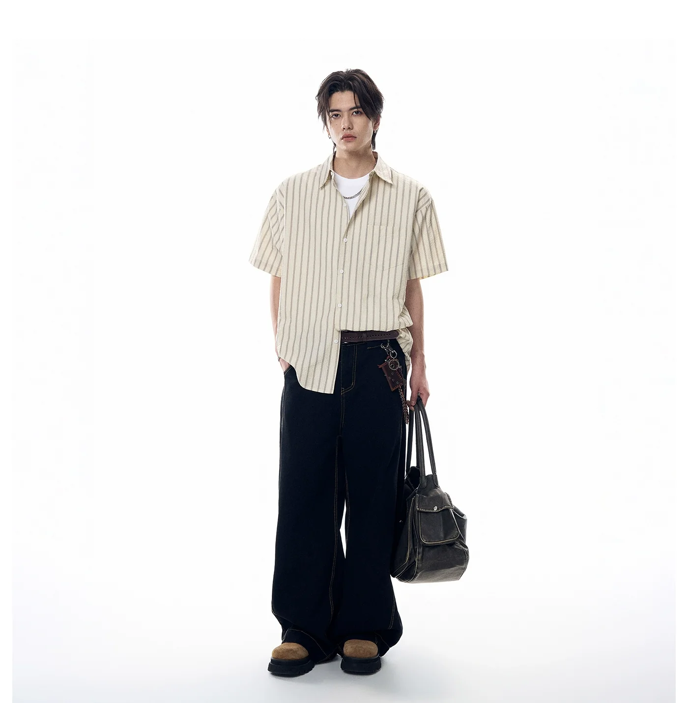 Stripe Textured Short Sleeve Button Shirt with Chest Pocket - Image 5