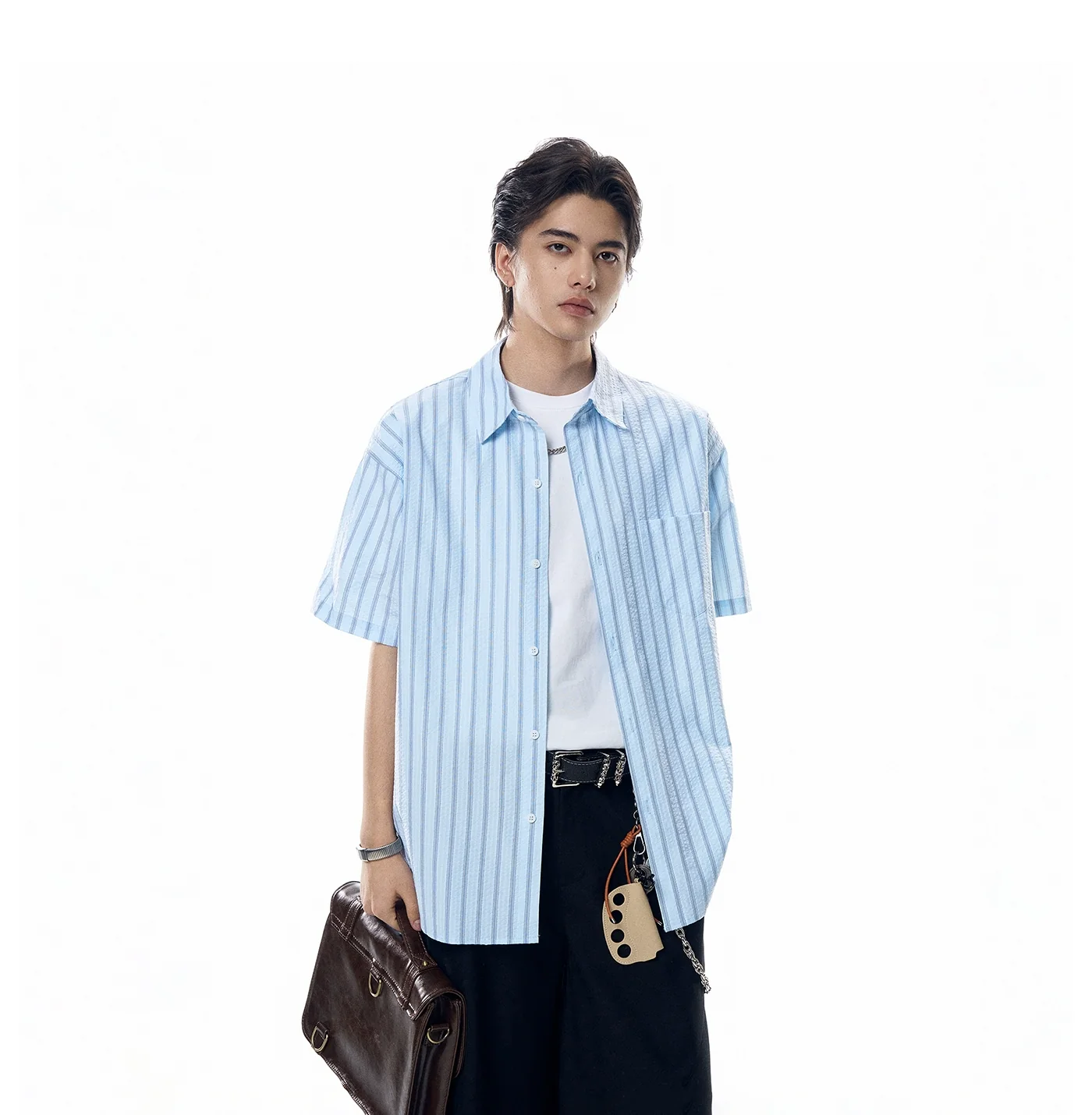 Stripe Textured Short Sleeve Button Shirt with Chest Pocket - Image 7