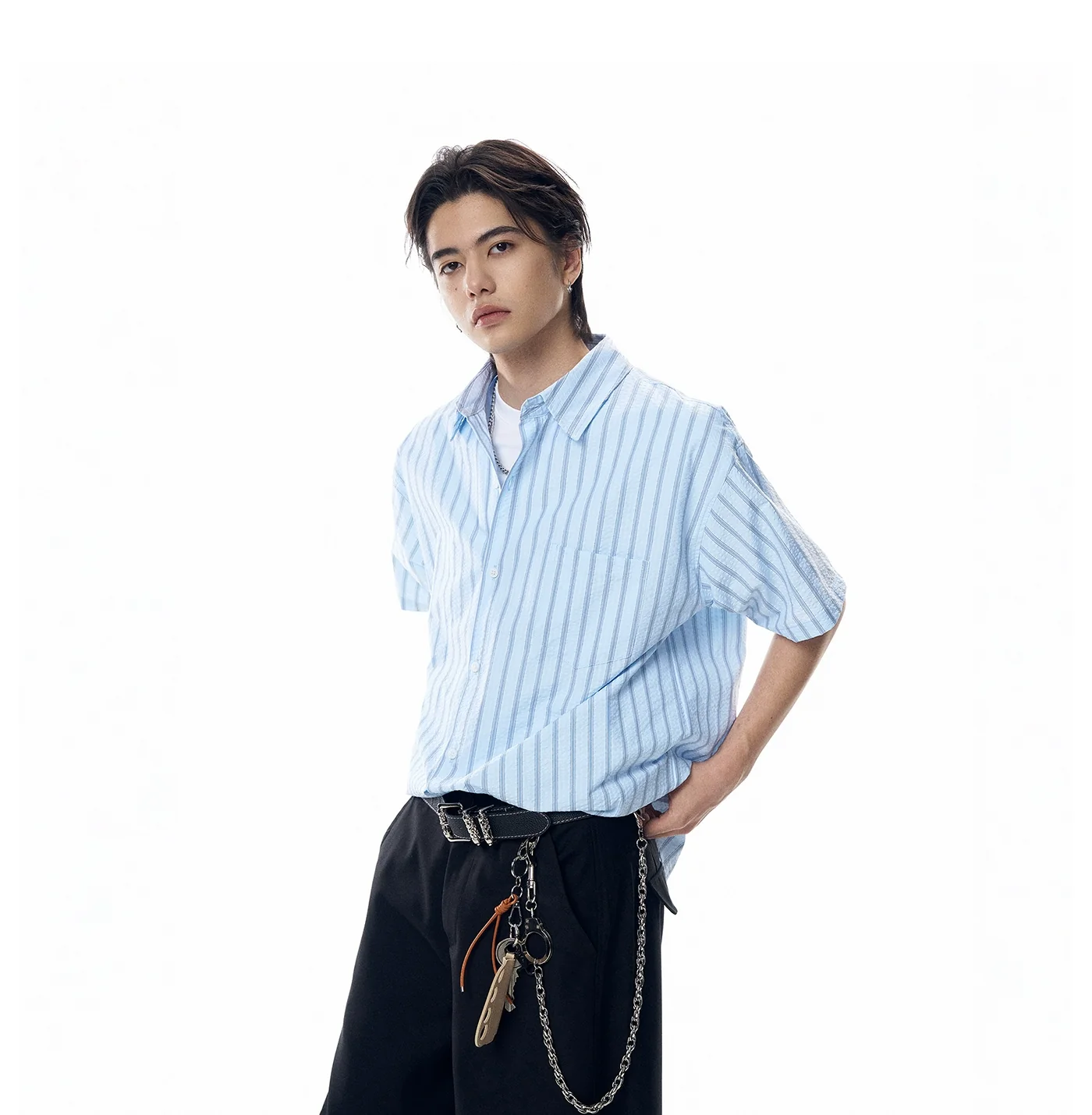 Stripe Textured Short Sleeve Button Shirt with Chest Pocket - Image 9
