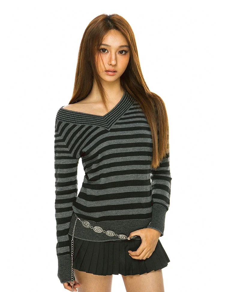 Stripe V-Neck Long Sleeve Sweater - Image 3