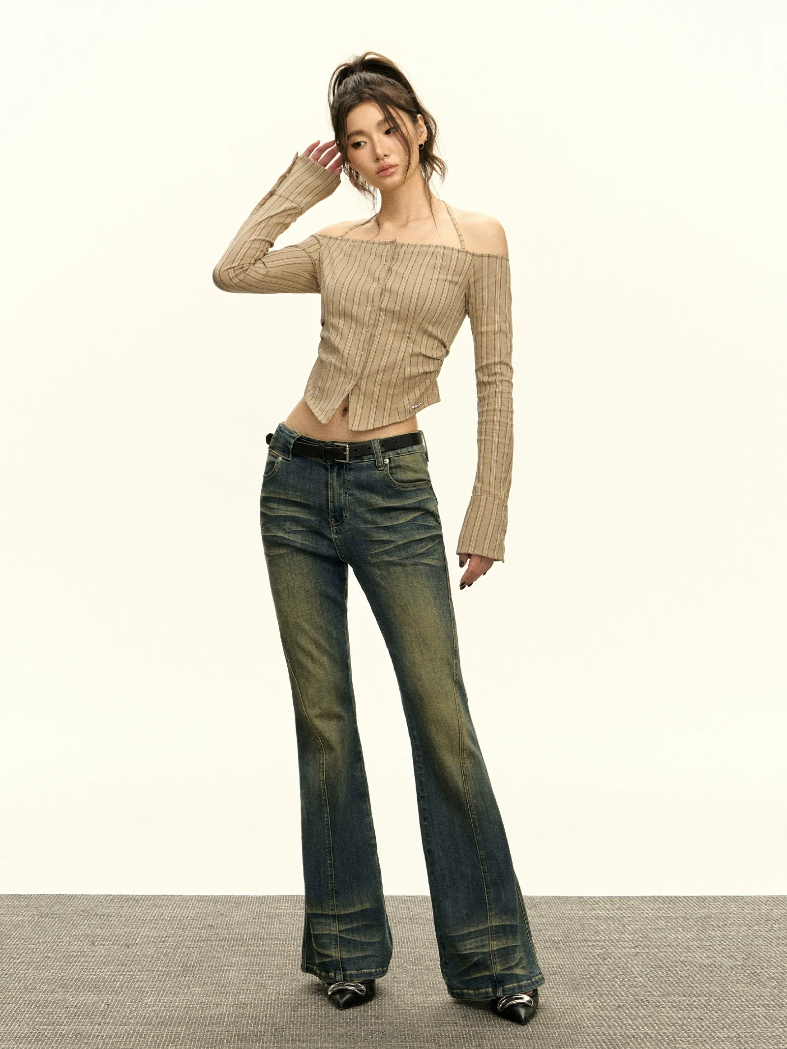 Striped Button Off-Shoulder Halter Long Sleeve Top - Image 3