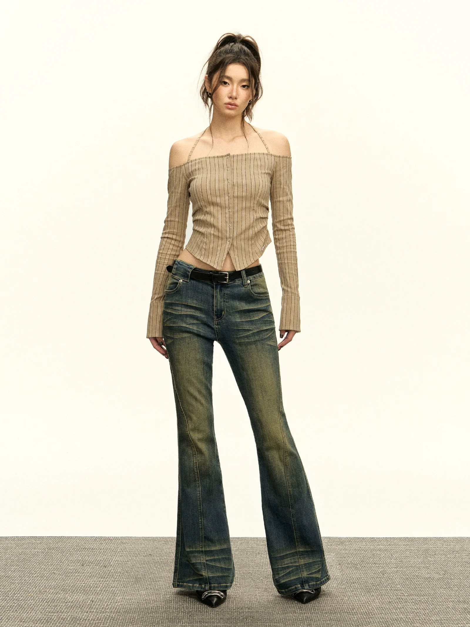 Striped Button Off-Shoulder Halter Long Sleeve Top - Image 4
