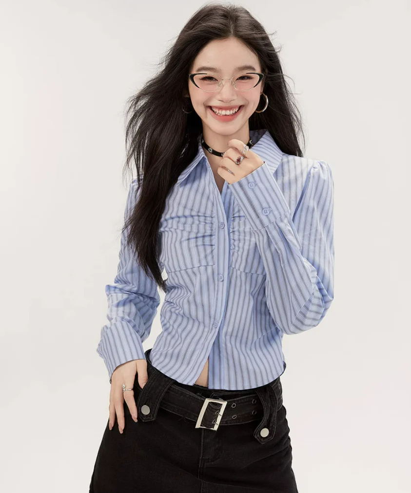 Striped Button-Up Long Sleeve Ruched Blouse - Image 8