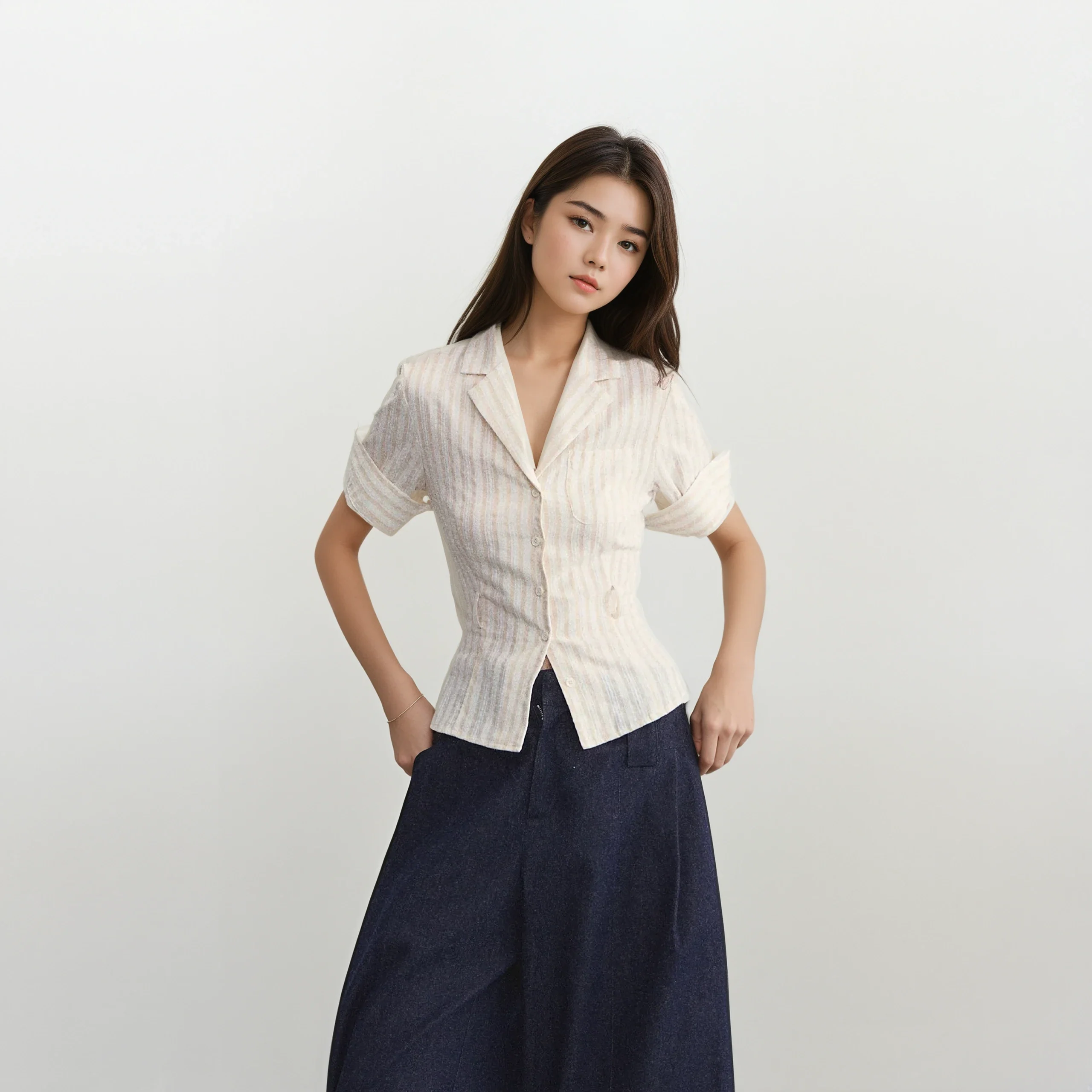 Striped Button-Up Short Sleeve Collared Shirt with Chest Pocket and Belt Loops - Image 2