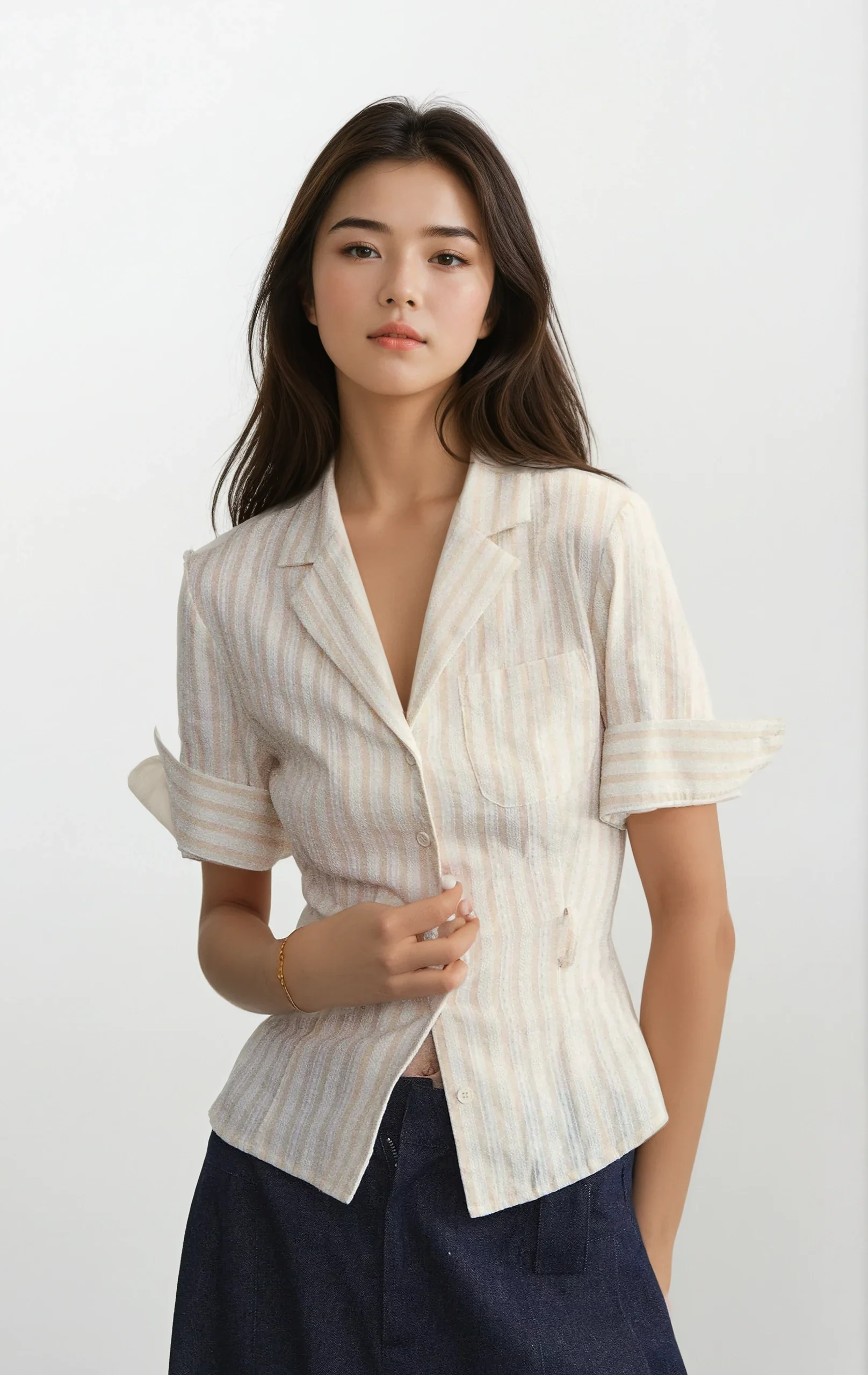 Striped Button-Up Short Sleeve Collared Shirt with Chest Pocket and Belt Loops - Image 5