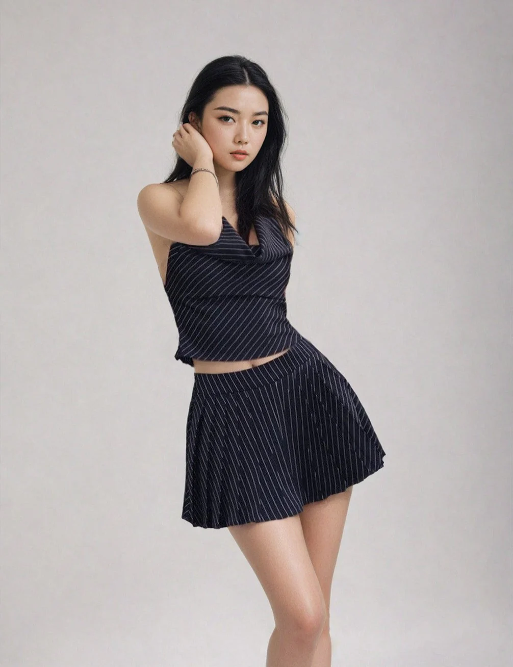 Striped Cowl-Neck Crop Top and Pleated Skirt Set - Image 8
