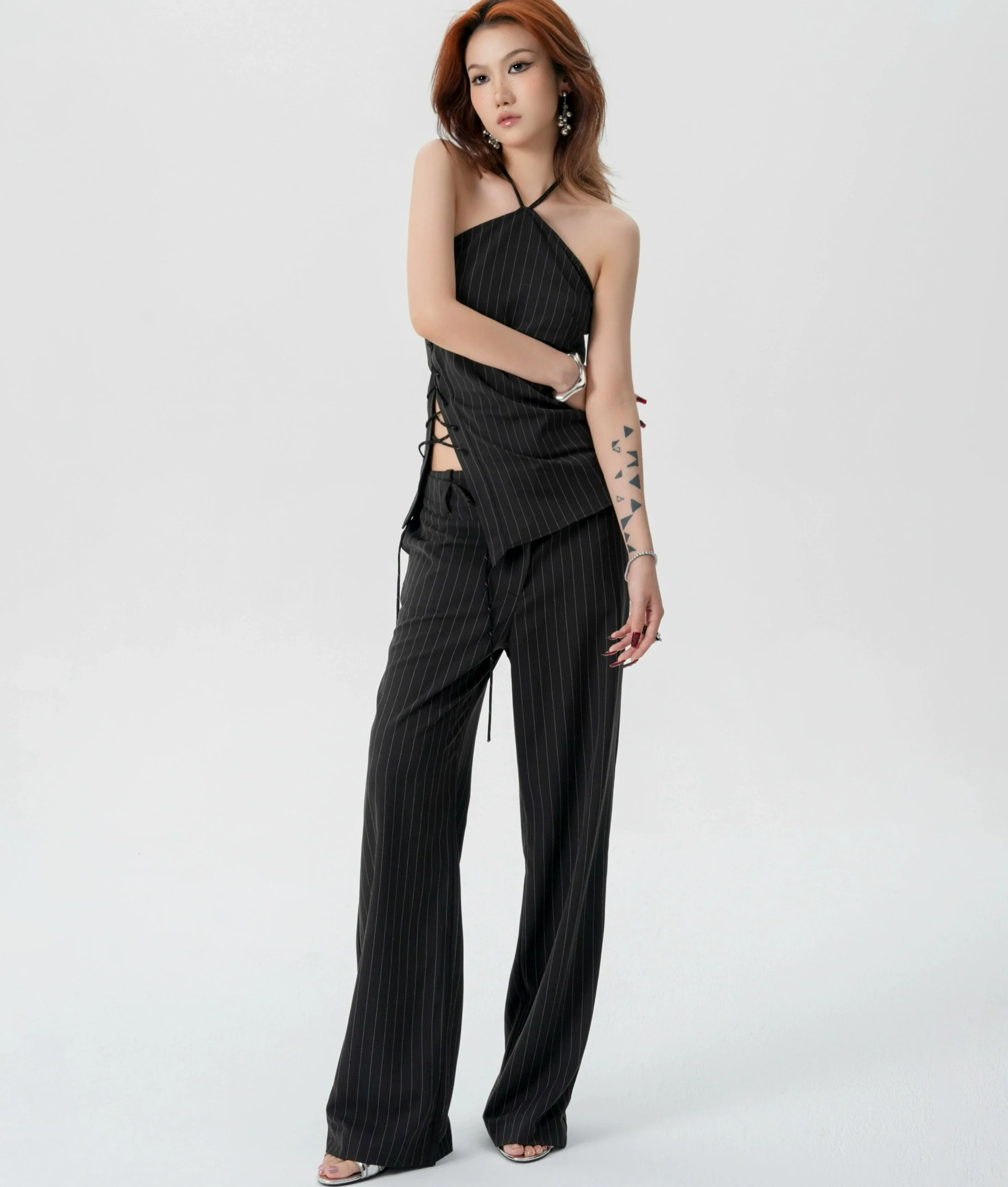 Striped Halter Top and Wide Leg Pants Set - Image 3