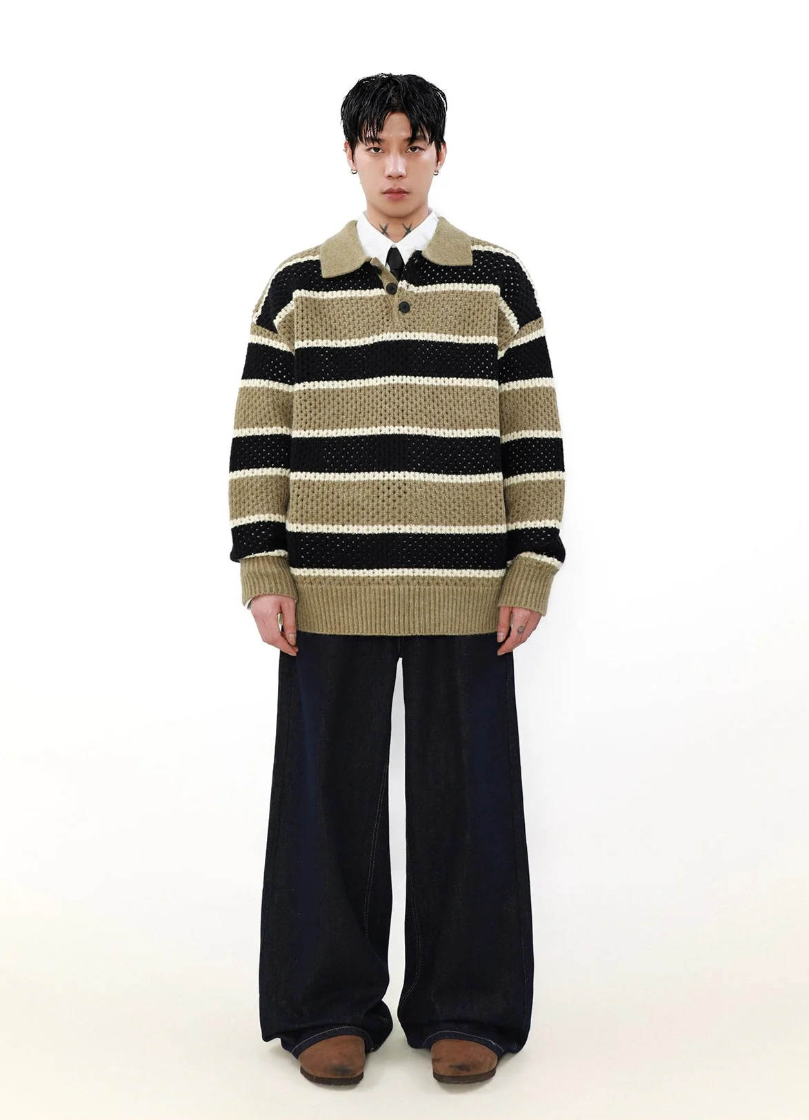 Striped Knit Half Button Collared Sweater - Image 5