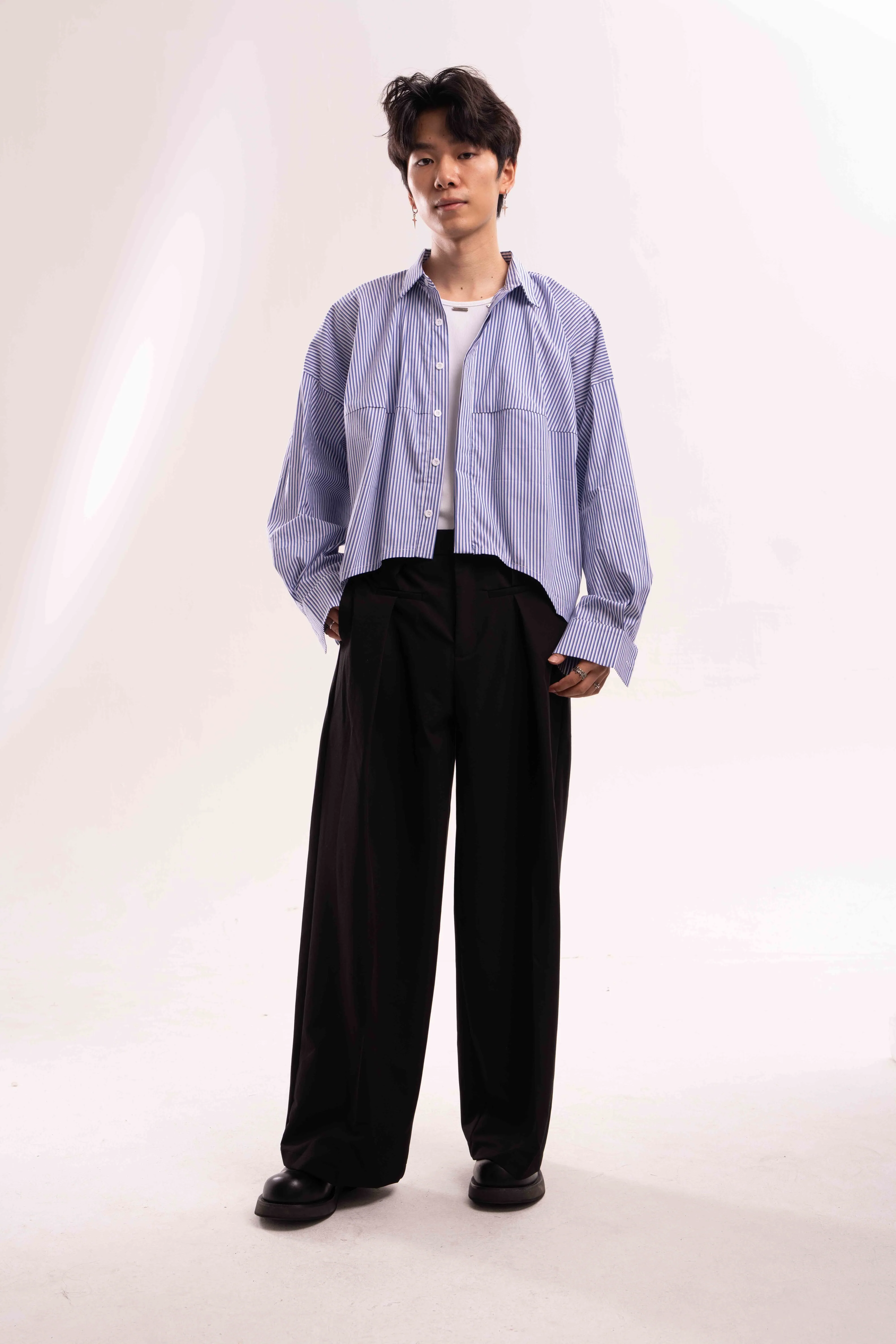 Striped Oversized Cropped Button-Up Shirt - Image 10