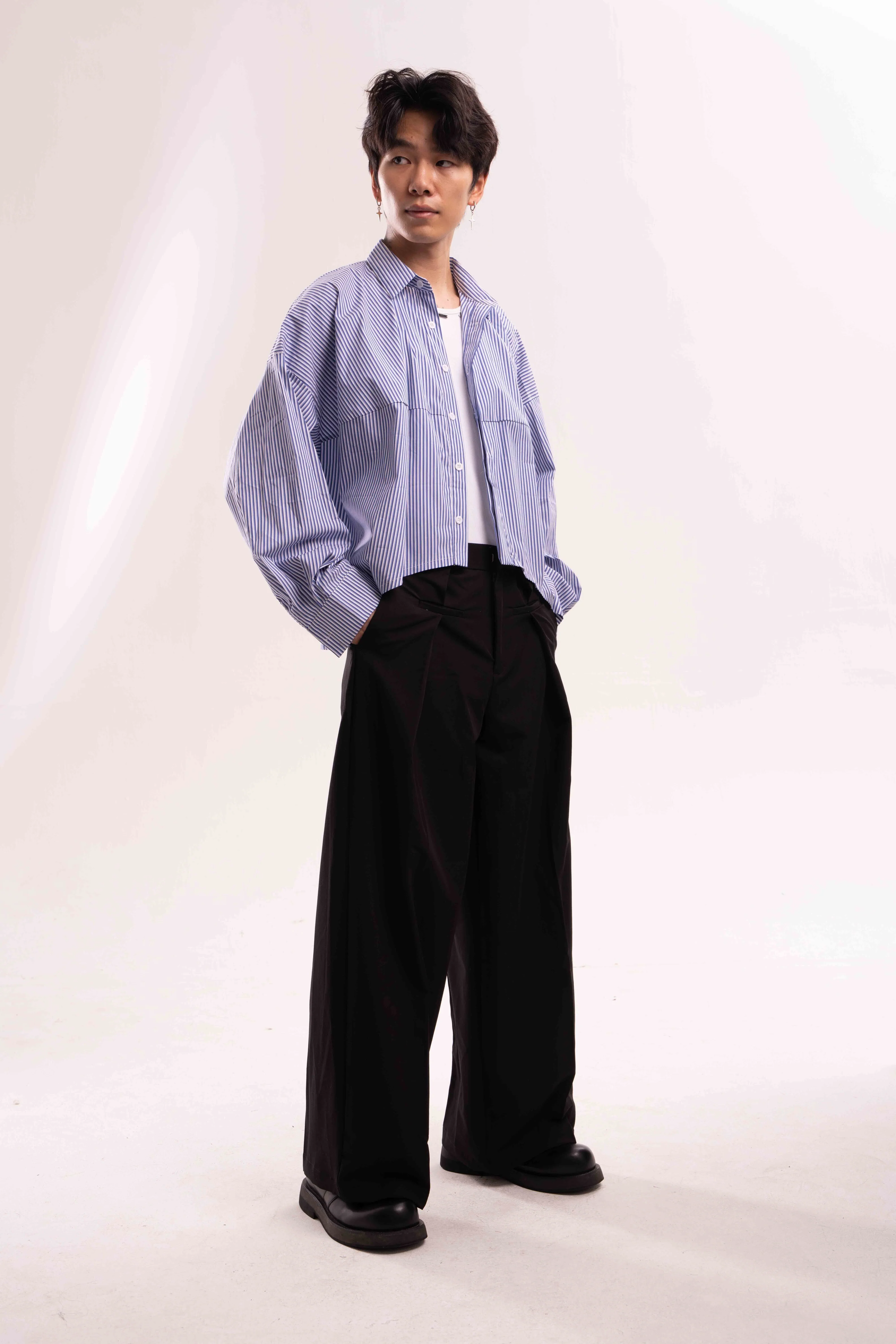 Striped Oversized Cropped Button-Up Shirt - Image 11