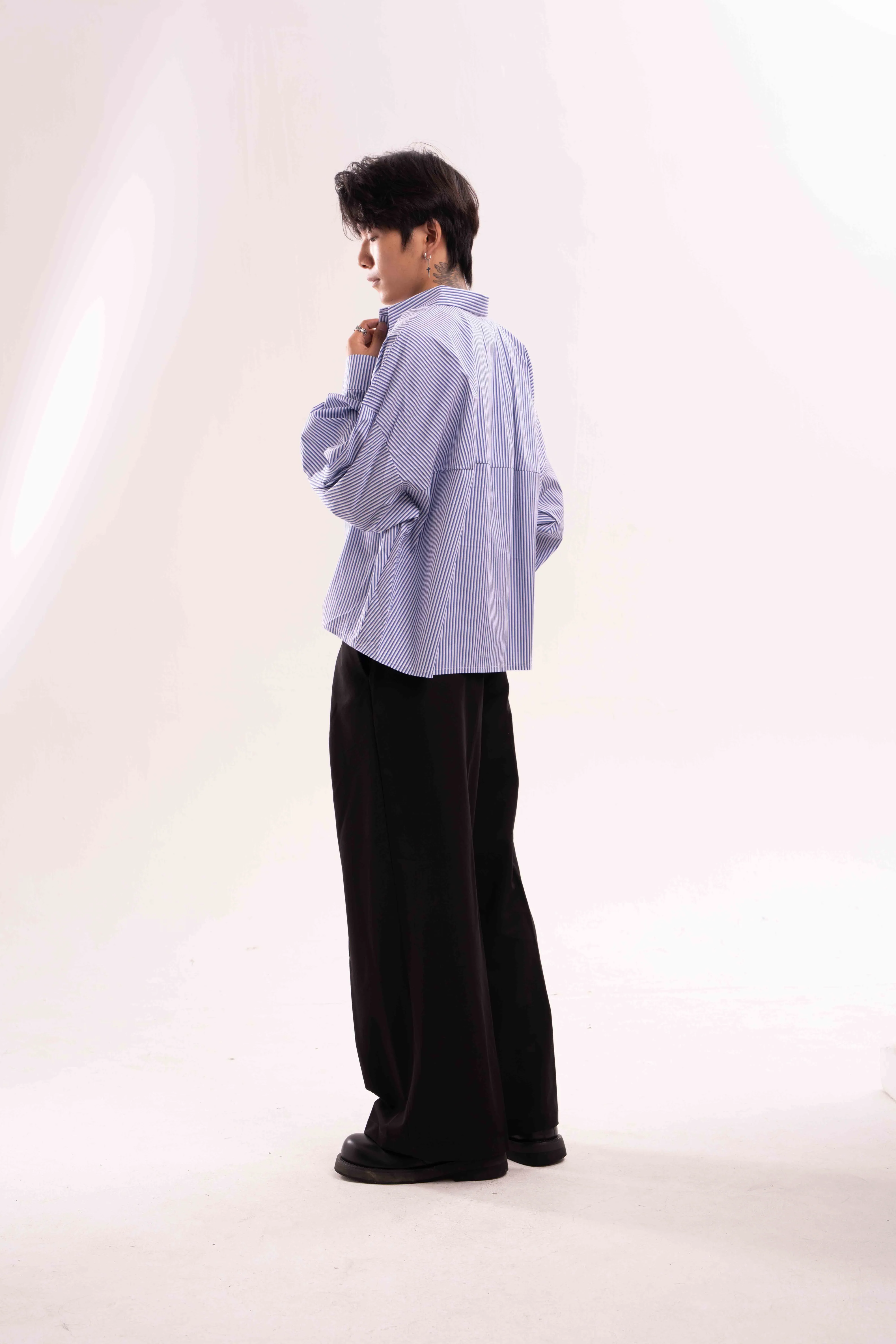 Striped Oversized Cropped Button-Up Shirt - Image 12